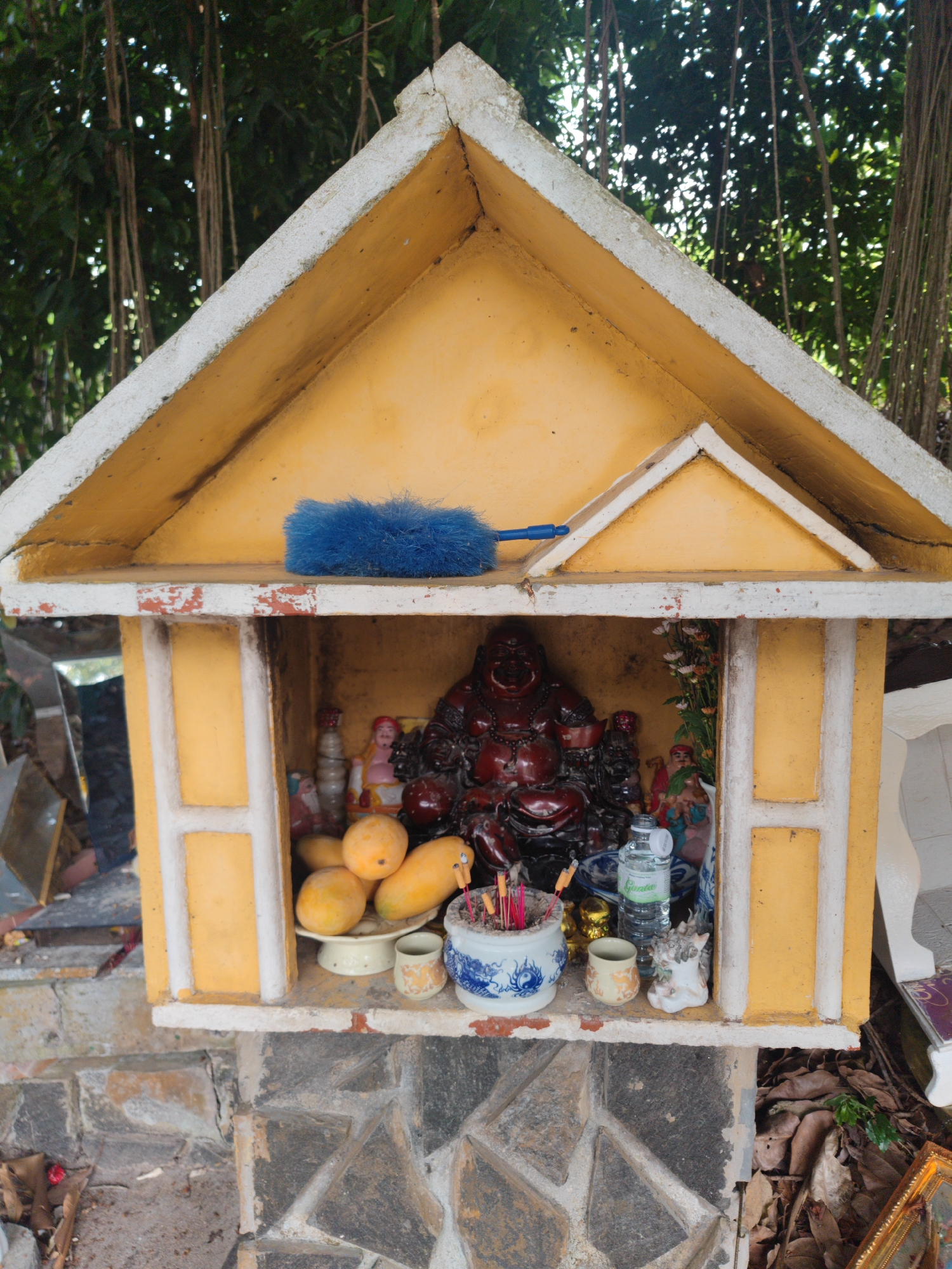 A small, weathered outdoor shrine, painted yellow with white trim, stands on a stone base amidst natural surroundings in D'Ran, Vietnam. The shrine has a peaked roof and an open front revealing its contents.
Inside, a large, dark red, smiling statue of Hotei (the "Laughing Buddha") is centrally placed. Surrounding it are several smaller figurines, including female figures and other deities, along with various offerings. These offerings include a stack of ripe yellow mangoes resting on a white pedestal, a blue and white ceramic pot filled with burning incense sticks, and several small cups. A clear plastic water bottle, with the word "Goatia" partially visible on its label, sits near the Buddha statue. To the right, a small cluster of white and red artificial flowers adds to the offerings. A blue feather duster rests on the upper shelf of the shrine, suggesting recent cleaning or maintenance.
The shrine's base is constructed from irregular stone pieces, and the ground around it is covered with dried leaves and natural debris. In the background, lush, dark green foliage is visible, with numerous aerial roots hanging down from large trees, characteristic of a tropical environment. The scene is illuminated by natural daylight filtering through the leaves, indicating it is daytime. The shrine and its contents appear to be a site of local reverence or devotion.