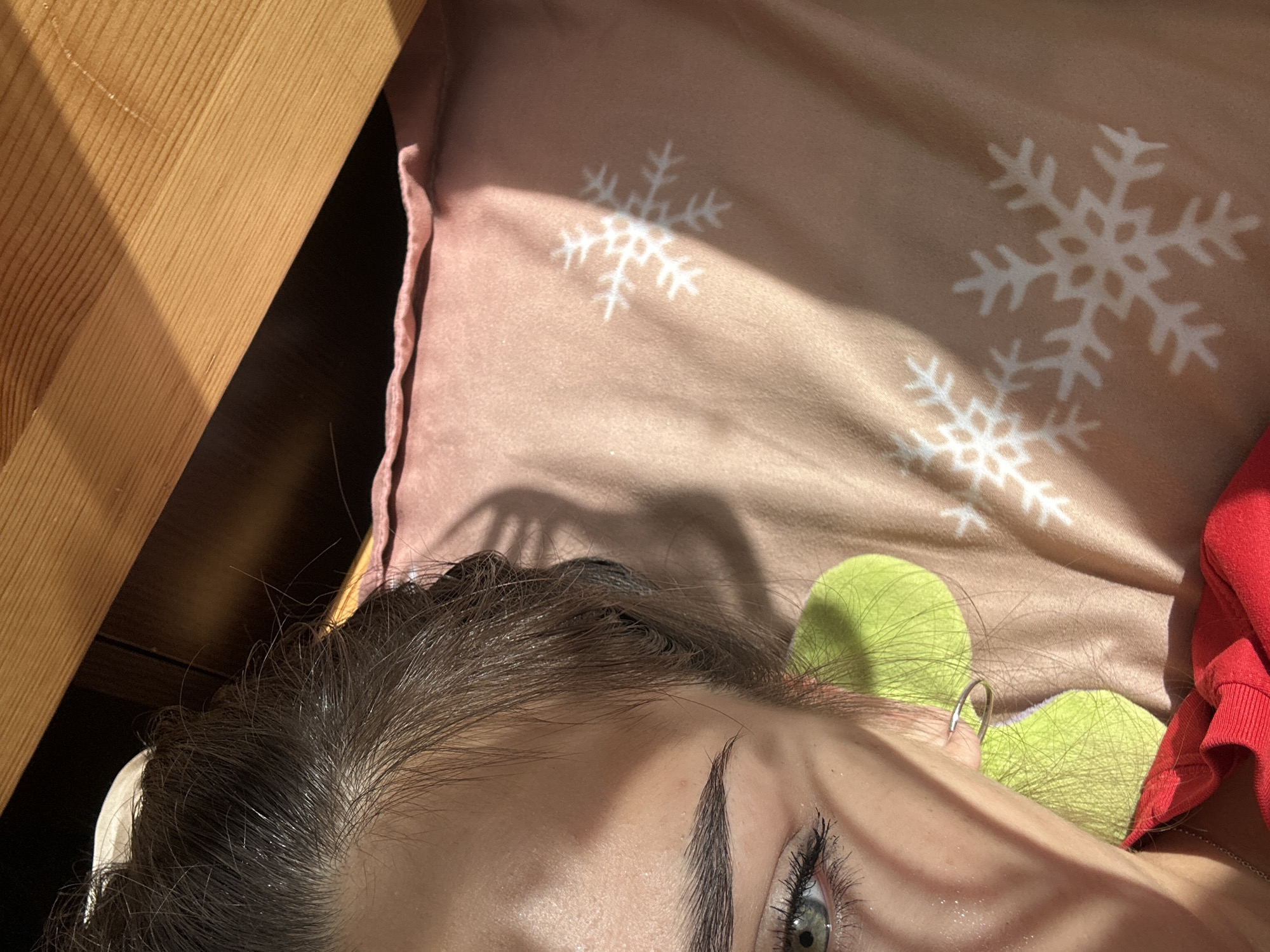 The image is a close-up, high-angle shot of a young woman's face and upper body, taken indoors. She is lying down, with her head resting on a pink fabric pillow that has white snowflake patterns. A wooden surface, possibly a headboard or shelf, is visible in the upper right corner, casting a shadow. Sunlight streams in from the left, illuminating her face and creating dappled shadows on the pillow. The woman has green eyes, dark eyebrows, and dark hair pulled back. She is wearing a red top and a silver hoop earring. A bright green object, possibly a stuffed toy or cushion, is partially visible behind her ear. The image is sharp and well-lit, with a shallow depth of field that blurs the background. There is no discernible information about the city of Shumen, Bulgaria, in the image.