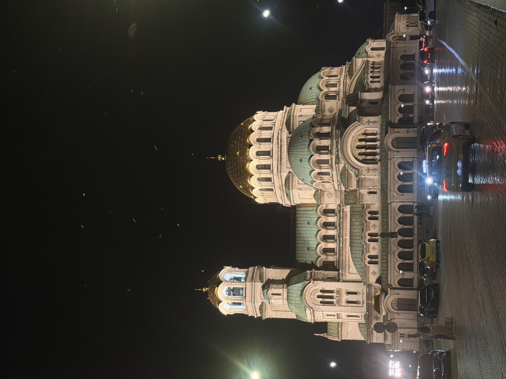 The image shows the Alexander Nevsky Cathedral in Sofia, Bulgaria, at night. The cathedral, a prominent landmark in the city, is illuminated and its golden dome and green roof are visible against the dark sky. Several birds are seen flying in the night sky. The street in front of the cathedral is wet, reflecting the lights of passing cars. A few cars are parked on the street, and a couple of people are standing on the sidewalk. The scene appears to be a city square or a busy intersection in front of a major monument. The overall atmosphere is that of a lively urban environment at night.