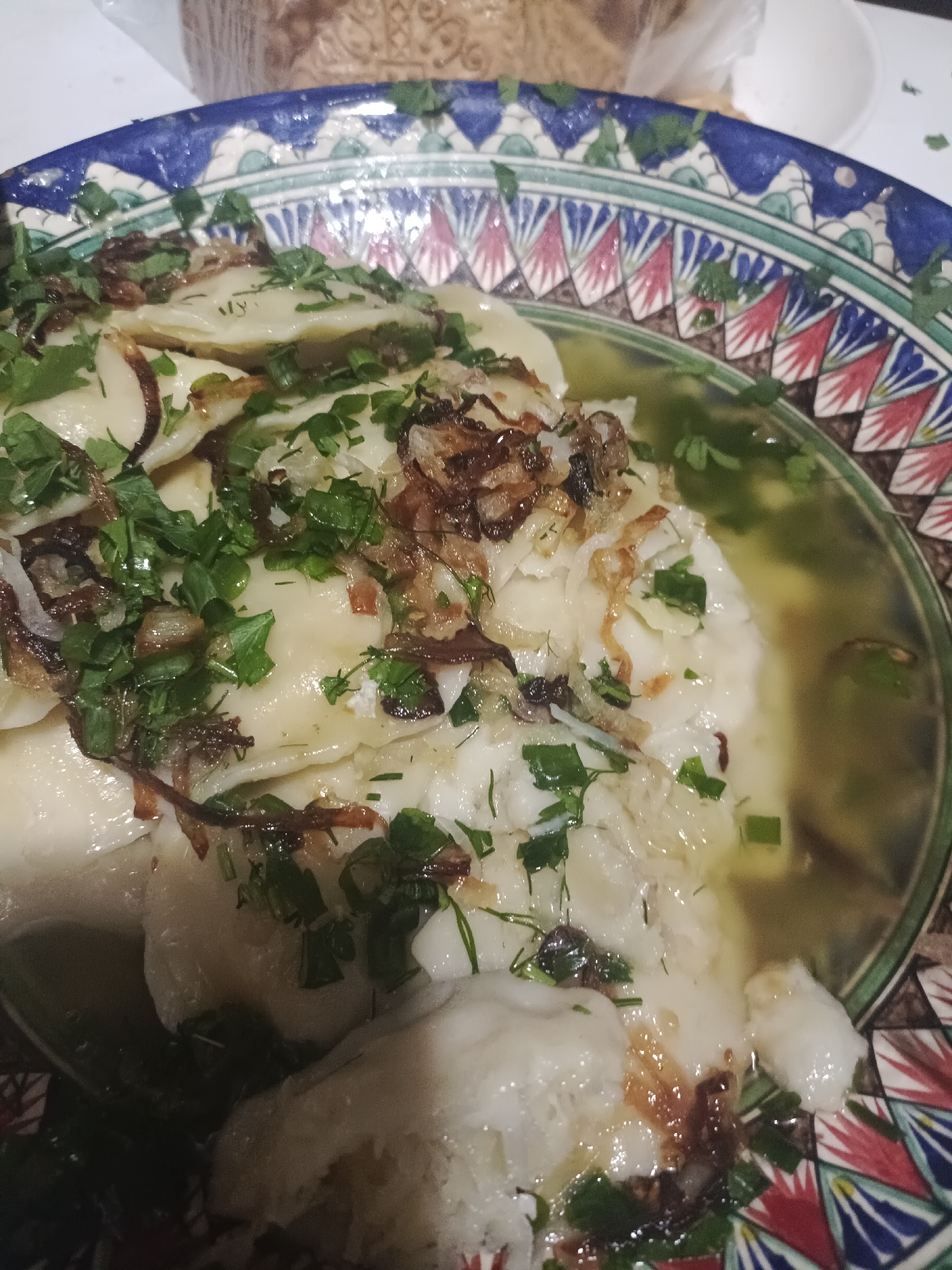 A close-up, overhead shot captures a bowl of soup filled with pelmeni, a type of dumpling, garnished with fresh parsley and fried onions. The bowl itself is ornate, featuring a colorful, patterned rim with geometric designs in blue, green, red, and white. The soup is clear and light-colored, with visible pieces of the dumplings submerged in it. The dumplings appear plump and soft, some with a slightly irregular shape. The fried onions are dark brown and scattered across the top, adding a contrasting texture and color. Chopped fresh parsley is sprinkled liberally, its vibrant green contrasting with the other elements. The lighting suggests an indoor setting, possibly a restaurant or home. The overall impression is of a hearty and appetizing dish. The specific location in Kokshetau, Kazakhstan, is not discernible from the image.