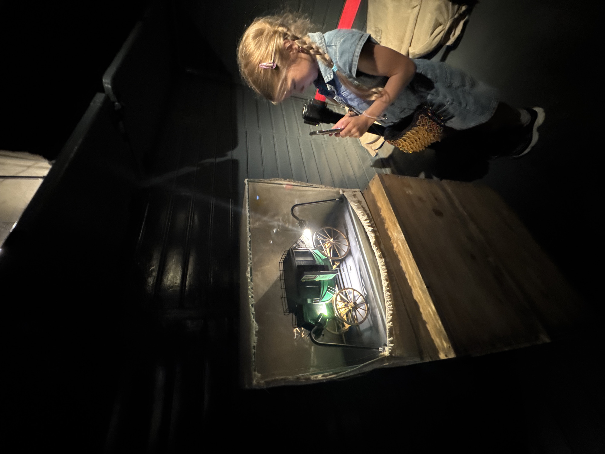 A young girl with blonde hair in braids is standing in a dimly lit room and holding a smartphone, taking a photo of a miniature model of a horse-drawn carriage displayed in a glass case. The carriage is green with yellow wheels and is illuminated by a light source within the case. The girl is wearing a denim dress and a beaded crossbody bag. The room appears to be part of a museum exhibit, with dark wooden walls and a wooden display stand. The overall lighting is low, with spotlights highlighting the exhibit. The location is not specified in the image or its context.