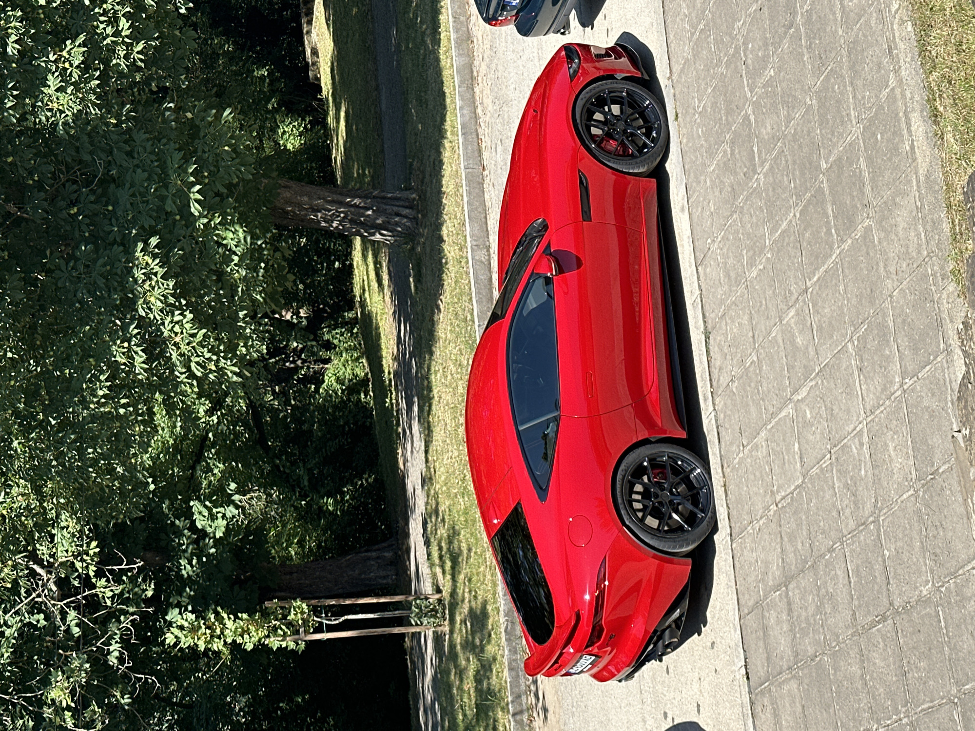 A bright red Jaguar F-Type coupe is parked on a sidewalk in a city. The car is facing right, with its rear to the left. The vehicle has black wheels and a black spoiler. Behind the car, there are trees with green foliage and a grassy area. The sidewalk is made of square concrete slabs. The image appears to have been taken on a sunny day, casting shadows. The location is identified as Veliko Tarnovo, Bulgaria, though specific landmarks are not visible. No people are present in the image.