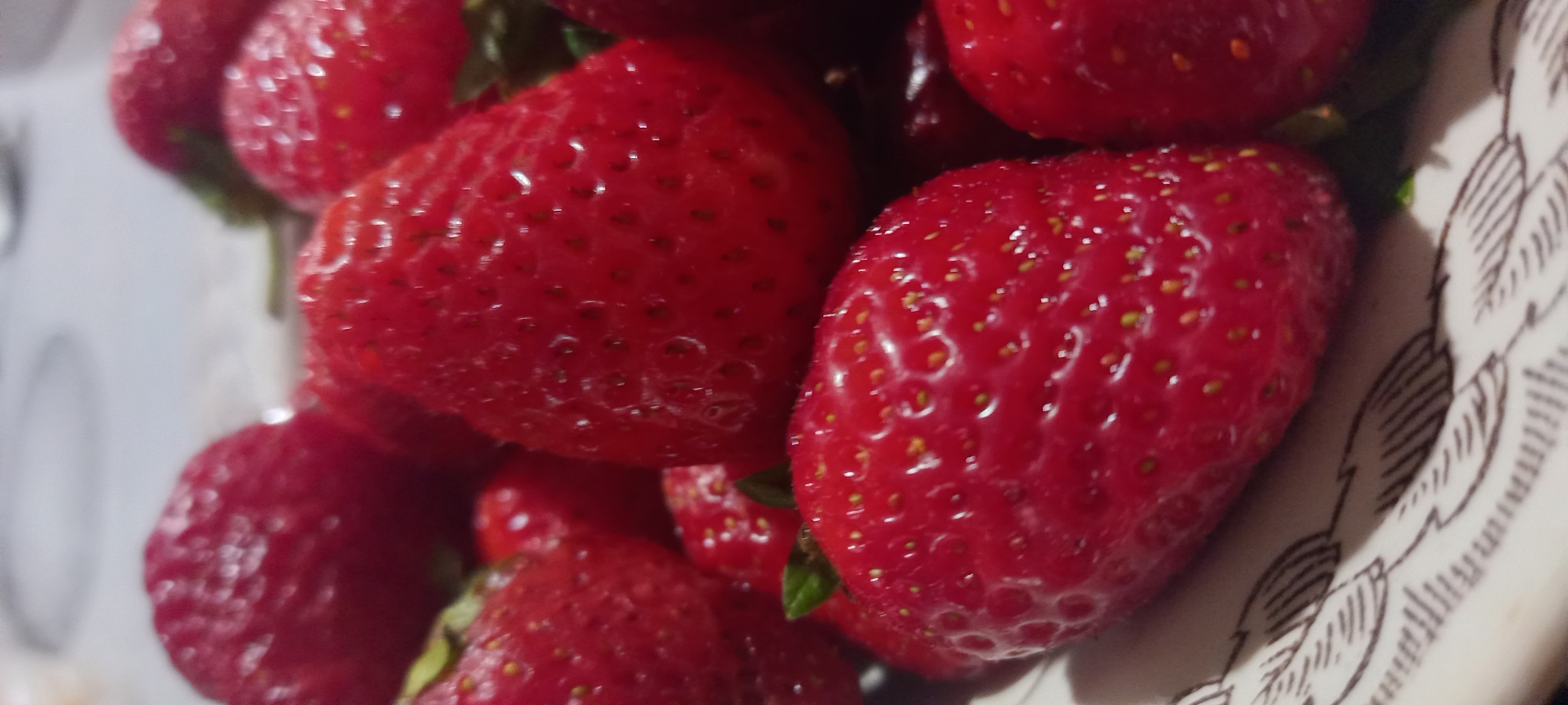 A close-up, vertical, eye-level shot displays a pile of ripe strawberries in a dish. The strawberries are a vibrant red with visible seeds and a slight sheen, indicating freshness. The dish appears to be ceramic, with a delicate, nature-inspired pattern featuring faint brown lines resembling leaves or feathers around its rim, visible at the bottom of the frame. The background is blurred, with a light, neutral tone suggesting an indoor setting, possibly a kitchen or dining area. The lighting is soft, creating subtle highlights on the glossy surface of the strawberries. There are no people or animals in the image, and no specific landmarks of Kryvyi Rih, Ukraine are identifiable.