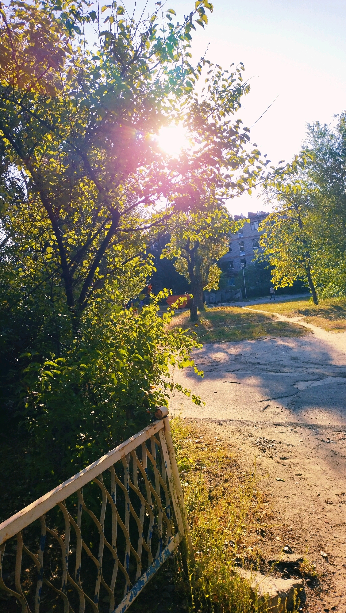 In Horishni Plavni, Ukraine, an outdoor scene is captured on a sunny day. The foreground features a weathered, white metal fence with a blue-painted trim, its diamond-shaped openings partially obscured by green foliage. Beyond the fence, a paved pathway curves to the right, bordered by dry grass and scattered leaves. Sunlight streams through the leaves of a large, leafy tree in the mid-left, creating a lens flare effect and casting dappled shadows on the pathway. In the background, a multi-story apartment building stands under a clear sky. A single person is visible walking on the pathway in the middle distance. The overall impression is one of a quiet, sunlit urban residential area.