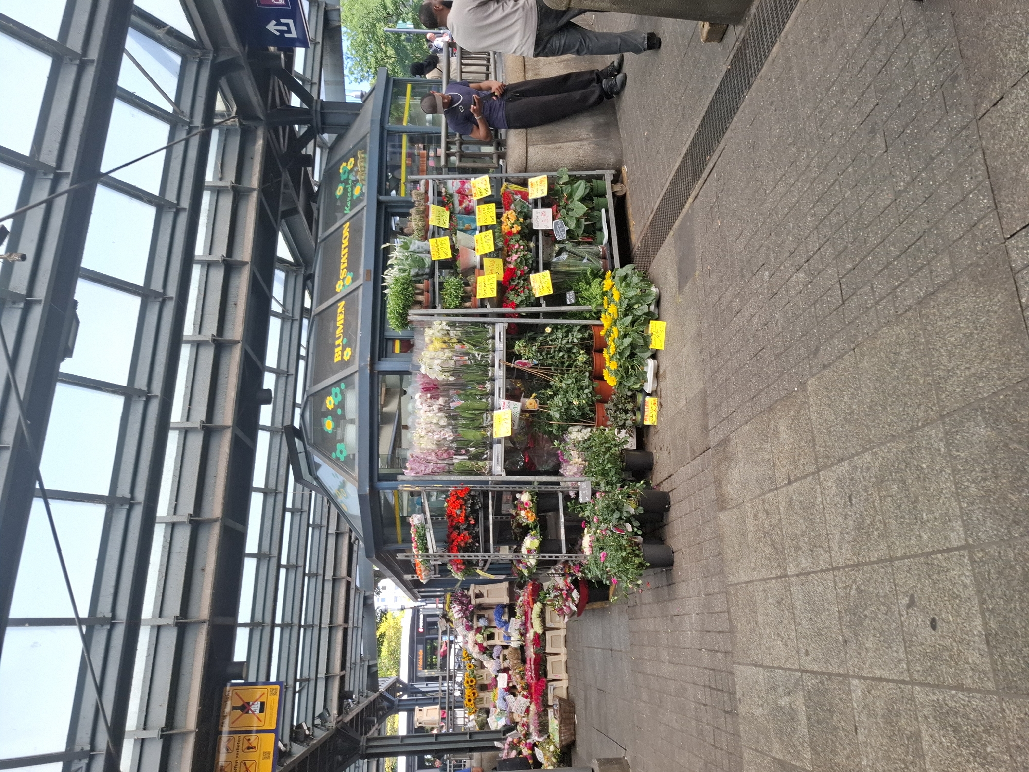 The image depicts an outdoor flower stand in the city of Hamburg, Germany, likely at a train station, as suggested by the architecture and signage. The stand is a glass-enclosed structure with the words "BLUMEN STATION" visible on the signage. It is filled with a vibrant assortment of potted flowers, including orchids, red and yellow blossoms, and greenery. To the left of the stand, there are additional displays of flowers, baskets, and bouquets arranged on tables and in boxes. The ground is paved with cobblestones and a metal grate runs along the edge of the stand.
Several individuals are present in the scene. A man in a blue shirt and dark pants is leaning against a wall, looking at his phone. To the right, another man in a gray shirt and jeans stands partially in view. In the background, there are glimpses of people, trees, and a building with a bus or train passing by. Overhead, a metal structure with a glass roof provides shade, and various signs with text and symbols are visible on the supports. The lighting suggests it is daytime.