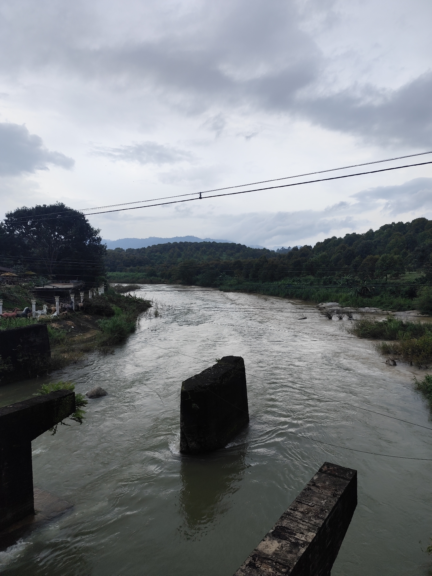 The image depicts a wide, murky river flowing through a lush, green landscape under a heavily overcast sky. In the foreground, remnants of a concrete structure, possibly a bridge or pier, are visible on either side of the river, with one prominent concrete block emerging from the water in the center. The riverbanks are lined with dense vegetation, including trees and shrubs. On the left bank, a large, dark tree stands out, and a white fence with decorative pillars is visible, along with several small, statue-like figures of animals. In the background, rolling hills covered in trees recede into the distance, partially obscured by the low-hanging clouds. Two dark power lines stretch horizontally across the upper portion of the frame. The overall scene suggests a rural or semi-rural environment, likely in Vietnam, though no specific markers for Thôn 2 are discernible from the image itself.