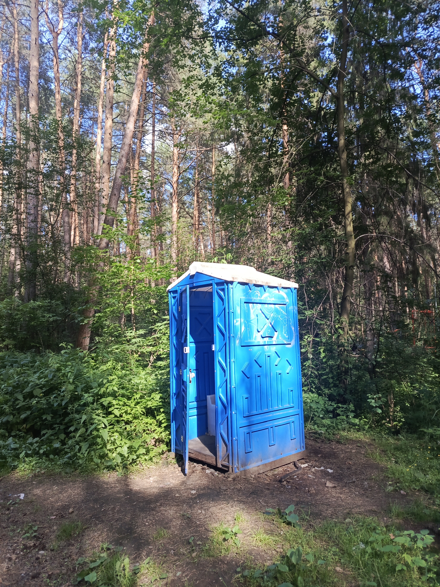 A bright blue portable toilet stands open in a sun-dappled clearing within a dense forest. The toilet, a standard portable structure with a white roof, has its door ajar, revealing a glimpse of its interior. The surrounding environment is lush and green, with abundant foliage, including trees with tall, slender trunks and a thick undergrowth of bushes and plants. The ground is covered in a mix of dirt, pine needles, and sparse grass, with some sunlight filtering through the canopy, creating patterns of light and shadow. The scene appears to be in a natural setting, possibly a park or wooded area, located in the city of Perm, Russia.