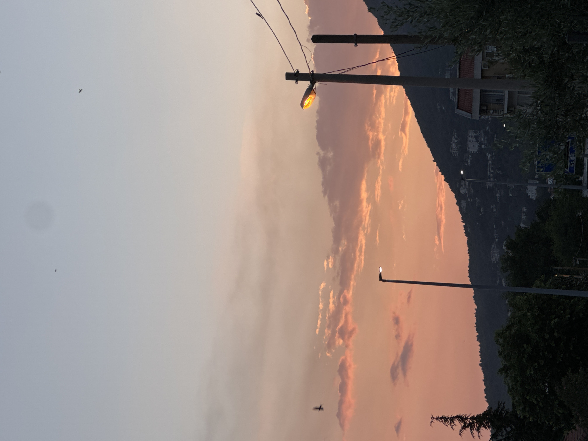 Captured from Sutomore, Montenegro, the scene presents an image of twilight. Two birds can be observed in the sky, along with a gradient of colors across the clouds, from grey to orange. Several street lights are illuminated. Silhouetted is a treed area with a building on a hillside. There are also utility poles and wires visible.