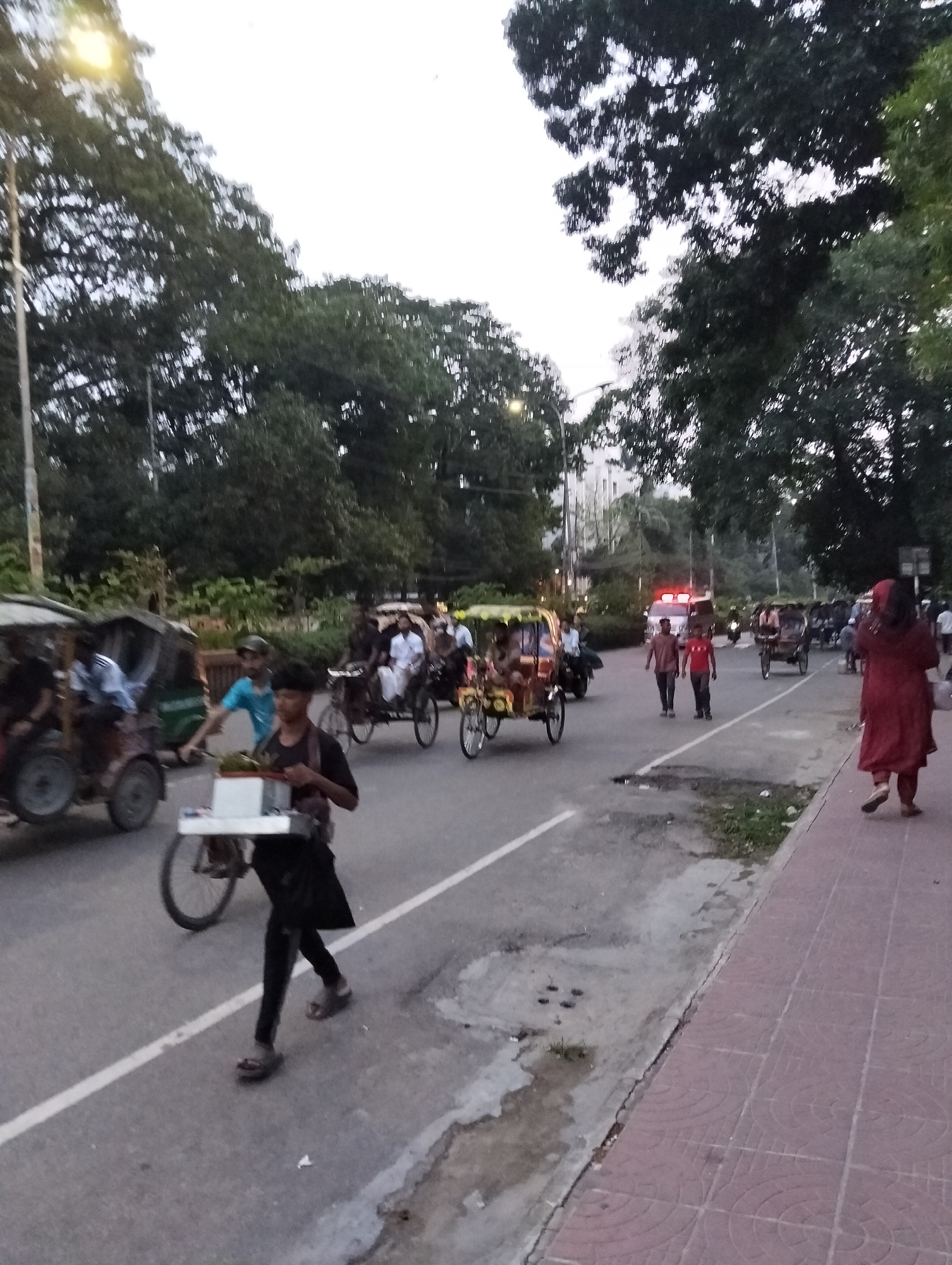The image shows a street scene in Dhaka, Bangladesh. The photo was taken at eye-level, with a medium angle of view, and the light level suggests it is dusk or early evening.
A young man is walking along the street, carrying a flat, rectangular object or collection of objects on a bicycle wheel. He is wearing dark clothing and sandals.
Other people are visible in the background, including pedestrians on the sidewalk to the right and several rickshaws on the road. Some people are walking on the side of the road. An ambulance with its red lights on is further up the road.
The road surface is asphalt, and a white line divides the lanes. There is a tiled sidewalk to the right, and some grass and vegetation are present between the road and the sidewalk. Trees line both sides of the road.