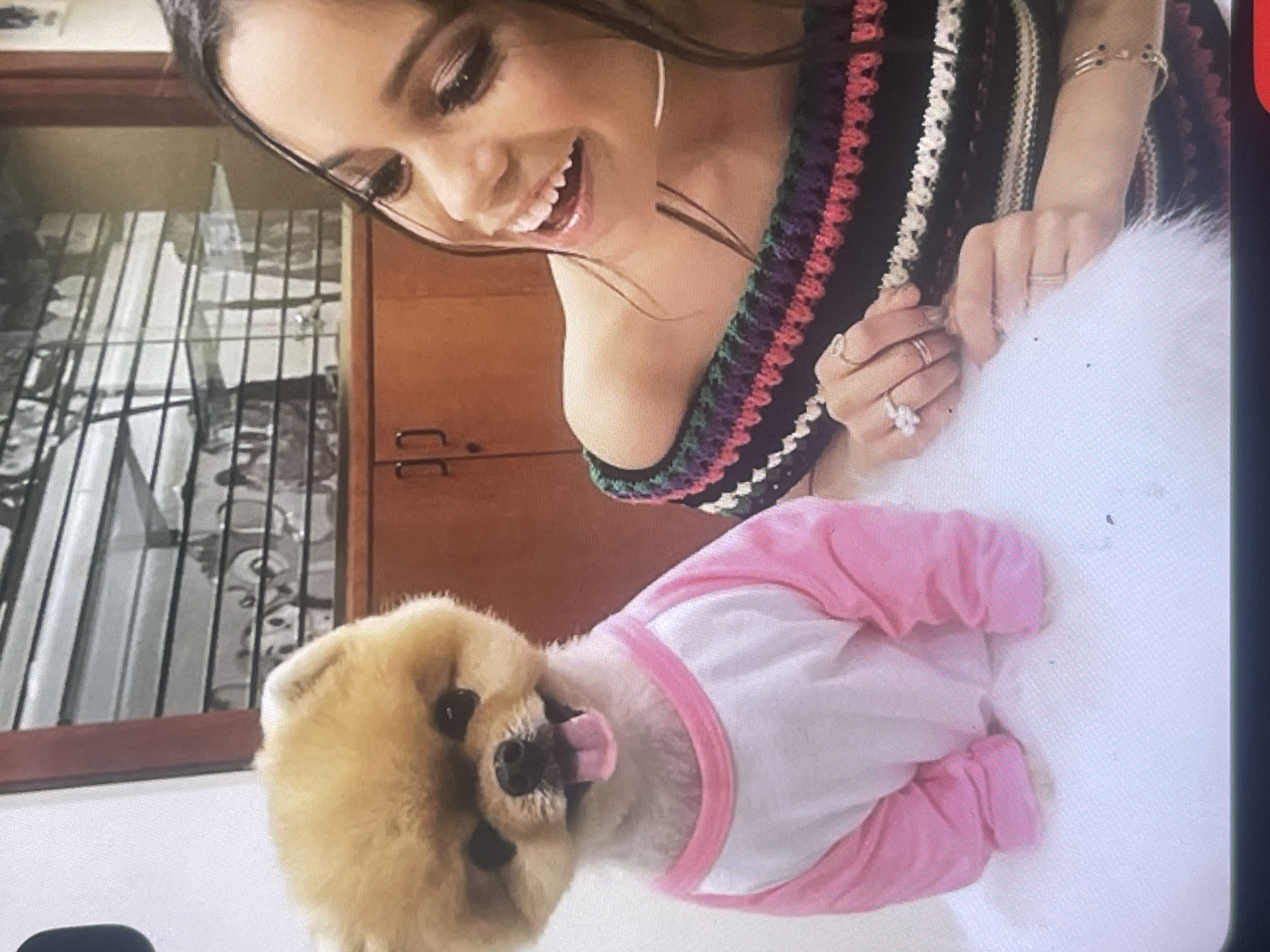 The image displays an indoor scene featuring a smiling woman and a small, fluffy dog. The woman, with dark hair, is seen from the chest up, her face lit with a broad, joyful smile revealing her teeth. She wears a striking garment, possibly crocheted or knit, characterized by vibrant stripes of black, pink, green, and white or cream. Large silver hoop earrings are visible, along with multiple rings on her fingers, including one prominent ring with a stone, and a bracelet on her right arm.
In the foreground, a light brown dog, resembling a Pomeranian, looks up playfully with its tongue slightly out. The dog is dressed in a white t-shirt with pink trim around the neck and sleeves.
The background suggests a home environment. To the left, a window is visible, featuring dark metal bars or a decorative grate outside. Reflections are discernible on the windowpane. Adjacent to the window, on the right, is a piece of wooden furniture, possibly a cabinet or dresser, with dark handles. The overall atmosphere of the image is one of happiness and affection between the woman and her pet. The scene appears to be set during the daytime. There is no visible text in the image. While the location context is Poltava, Ukraine, no specific visual cues in the image directly indicate this location.