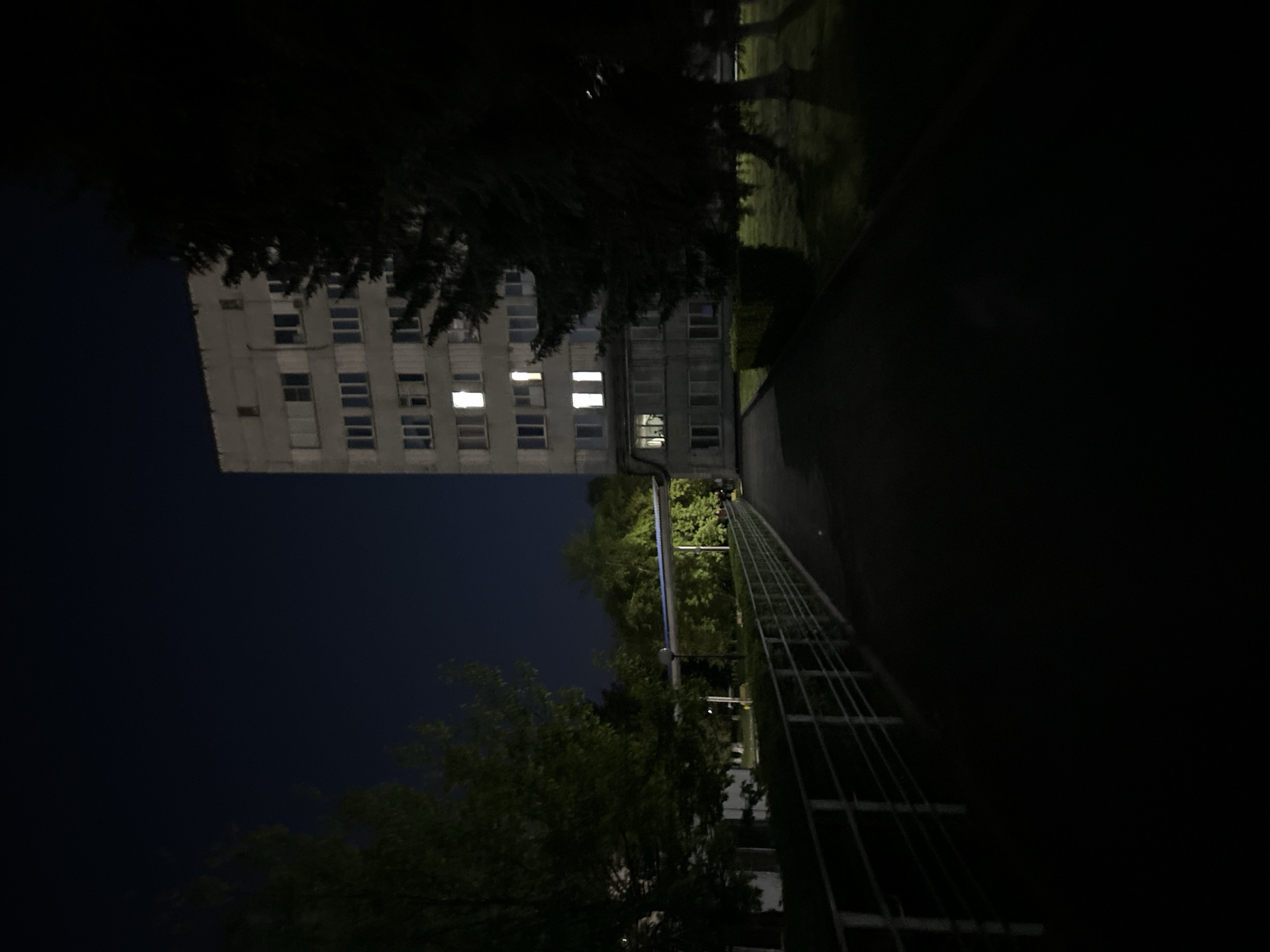 The media file displays a nighttime scene, likely in an urban or campus environment, with a tall building as the central subject. The image is oriented vertically, but when rotated counter-clockwise, the building stands on the left, illuminated against a dark, starless sky.
The main subject is a multi-story, utilitarian-style building, light in color, featuring numerous rectangular windows. Several windows across different floors are brightly lit, casting a warm, yellowish, or stark white glow, indicating activity inside, while many others remain dark. Dark foliage, possibly trees and bushes, partially frames the building and occupies the foreground and midground, with some leaves subtly reflecting ambient light.
To the right of the building, a paved path or road is visible, alongside which runs a structure composed of multiple parallel horizontal bars, resembling a fence, railing, or perhaps a section of a utility conduit. The ground areas are dark but show subtle variations in tone, suggesting a mix of grass and paved surfaces.
The time of day is clearly night, characterized by the deep black sky and the reliance on artificial lighting from the building's interior. There are no visible people or text. The overall atmosphere is quiet and somewhat solitary, typical of a deserted area late at night, with the illuminated windows providing a focal point of human presence within the dark landscape.