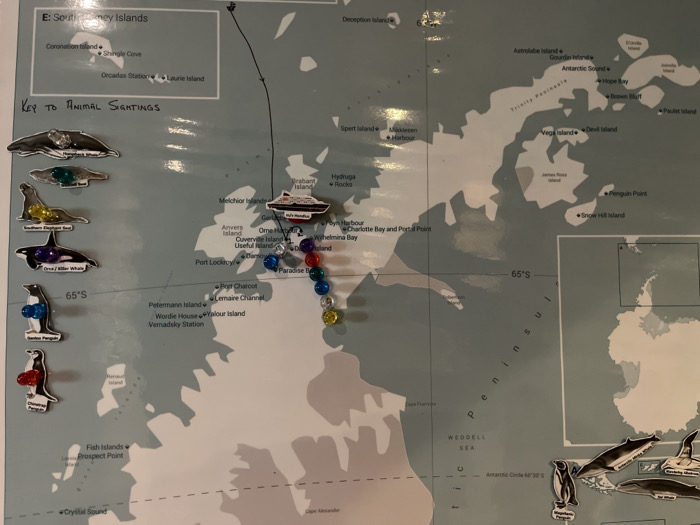 A map of a portion of Antarctica, likely the Antarctic Peninsula, features place names like Coronation Island, Hope Bay, and the Weddell Sea. A ship is depicted near Brabant Island. A black line indicates a route. Colored pushpins mark locations along the peninsula. The map includes a key for animal sightings, with cartoon magnets representing various Antarctic fauna like penguins and whales. Latitude 65°S is noted.