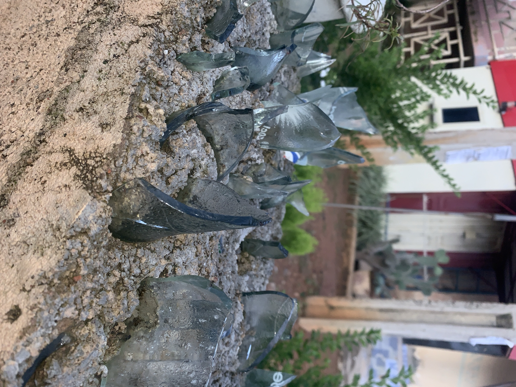The image displays a close-up view of broken glass shards embedded in a coarse, sandy surface. The glass pieces vary in size and shape, with some appearing sharp and pointed, suggesting they may have been intentionally placed as a deterrent. The background is blurred but shows glimpses of vegetation, a building with a red roof, and what appears to be a doorway. There are no people visible in the image. The overall impression is one of a security measure or a deliberate arrangement of broken glass.
The scene is located in Rafin Par, Nigeria. The environment appears to be outdoors, possibly in a yard or along a property boundary. The broken glass is primarily a neutral, translucent gray color, with some pieces reflecting light. The sandy substrate is a light brown to tan color, with visible grains and small pebbles. The background hints at an urban or semi-urban setting with elements of construction and landscaping.
