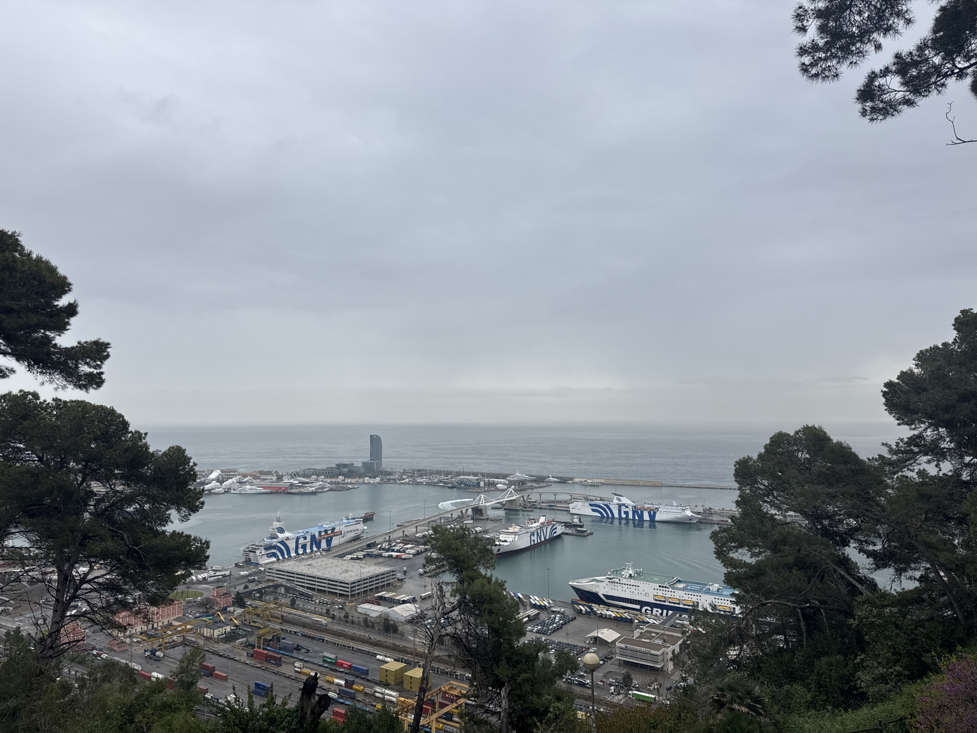 The image captures a panoramic view of the port of Barcelona from a high vantage point, possibly Montjuïc hill. The scene is dominated by the harbor with several large ferries, some branded with "GNV," docked at various piers. The background features the Mediterranean Sea stretching to the horizon under a cloudy sky. A distinctive tall skyscraper, the Hotel Arts Barcelona, is visible along the coastline. In the foreground, the landscape includes dense foliage from trees, framing the view. Visible infrastructure includes cargo container yards, parking lots, and roadways associated with the port operations. There are no people explicitly visible in the image.