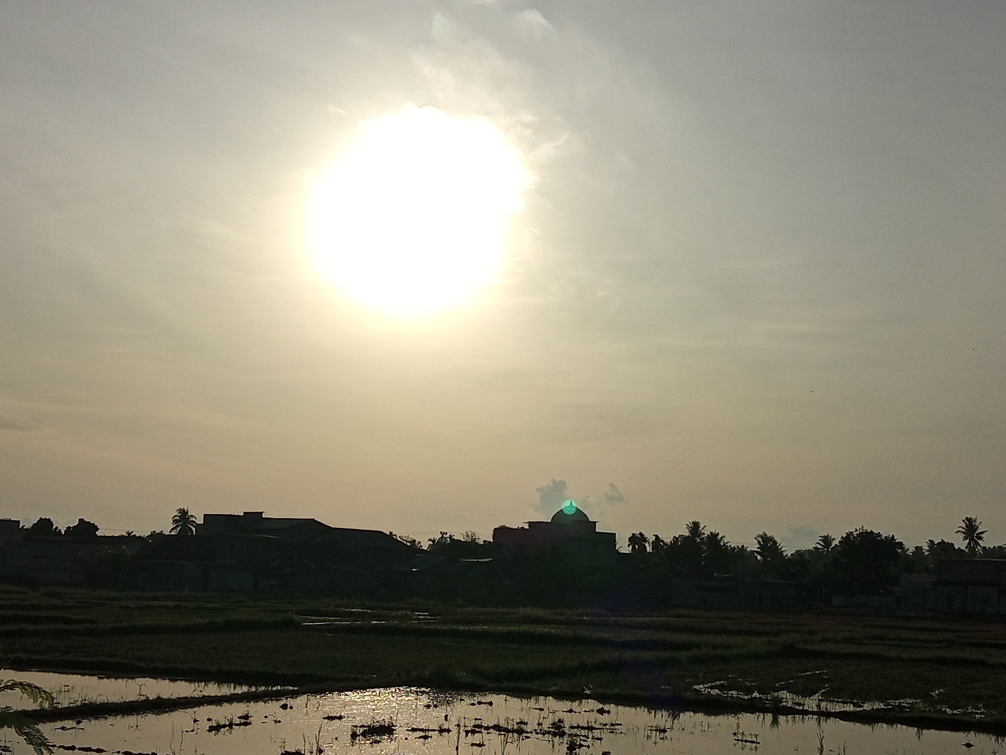 The image depicts a serene sunset scene in Geulangganggampong, Indonesia. The sky is dominated by a bright, diffused sun, casting a warm glow over the landscape. In the foreground, a flooded rice paddy reflects the sky's soft light. Silhouetted against the sky are buildings and trees, suggesting a rural or semi-rural setting. The architecture of the buildings, particularly the domed structure with a green glint, points towards a significant building like a mosque. The presence of palm trees further reinforces the tropical Indonesian environment. The overall atmosphere is peaceful and tranquil, characteristic of a rural evening. There are no people or animals visible in the image, focusing the viewer's attention on the natural beauty and the quietude of the location.