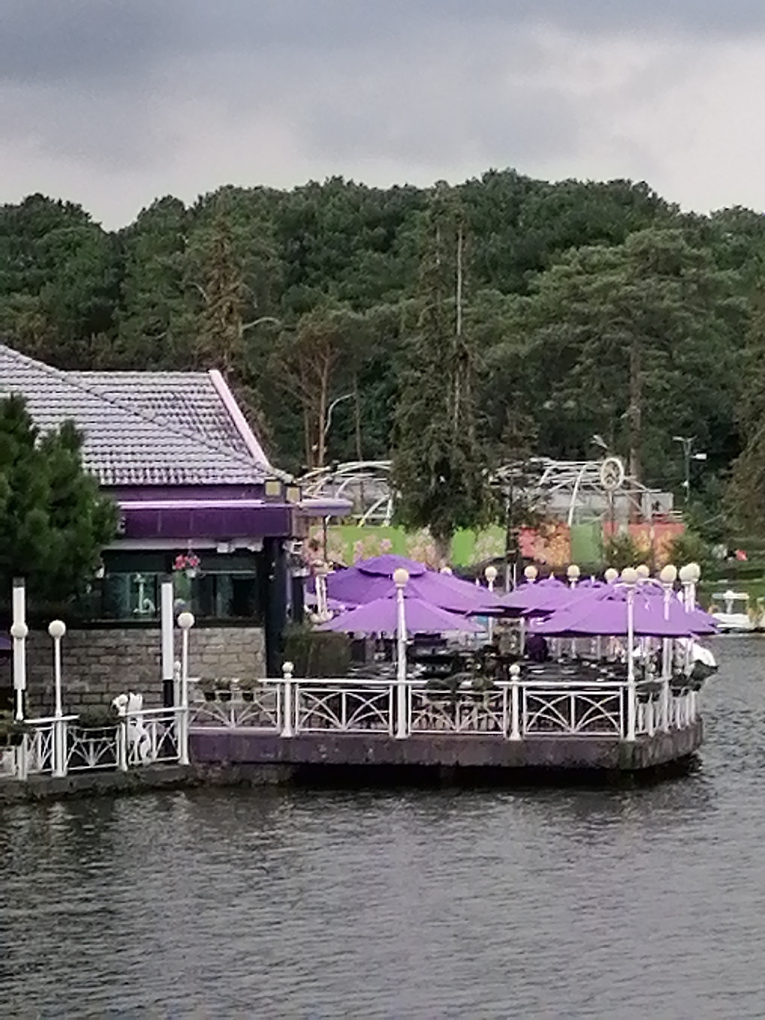 This is an eye-level medium shot of a purple-themed outdoor restaurant or cafe situated on the water's edge in Da Lat, Vietnam. The building, painted purple with a grey tiled roof, has a stone base and large windows. In front of the building, a circular outdoor seating area is covered by numerous bright purple umbrellas, supported by white poles. The seating area is bordered by a white ornate railing. The water in the foreground is dark and rippled, suggesting it's a lake or calm river. Behind the cafe, a dense forest with various shades of green trees forms the backdrop, and the sky above is overcast and grey. A white boat is visible in the far right of the image. The scene is static and appears to be a quiet daytime setting.