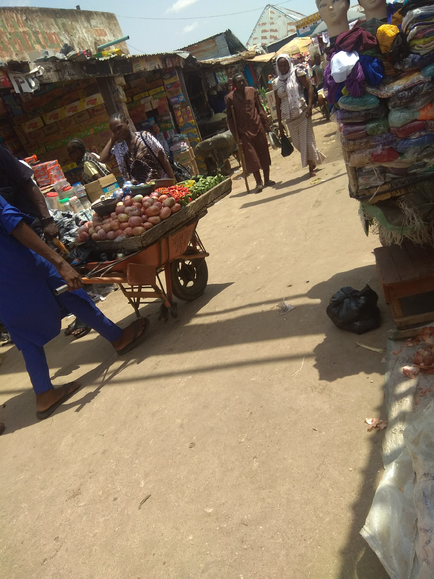 The image depicts a bustling marketplace scene in Jalingo, Nigeria. In the foreground, a person in a vibrant blue outfit is pushing an orange wheelbarrow filled with a large quantity of onions and some red peppers. The wheelbarrow itself is quite full, suggesting a significant amount of produce. To the left and behind the wheelbarrow, another person in a black shirt is partially visible.
In the background, several other individuals are present. A woman wearing a patterned top and a headscarf is visible near some stalls. Further back, a man in a brown robe is walking with a stick, and another woman in a striped outfit and a headscarf is also seen. The market stalls are lined with various goods, including what appear to be fabrics or clothing items stacked high on the right side of the image, and shelves stocked with boxes behind the woman in the patterned top.
The setting is an outdoor market with a dusty, unpaved ground. The buildings in the background have corrugated metal roofs and concrete structures, typical of many market areas. The sky is bright and appears to be a clear day, suggesting the time is likely daytime, possibly mid-morning or afternoon, given the strong shadows cast on the ground. The overall atmosphere seems active and busy, characteristic of a local market. No visible text is discernible in the image.