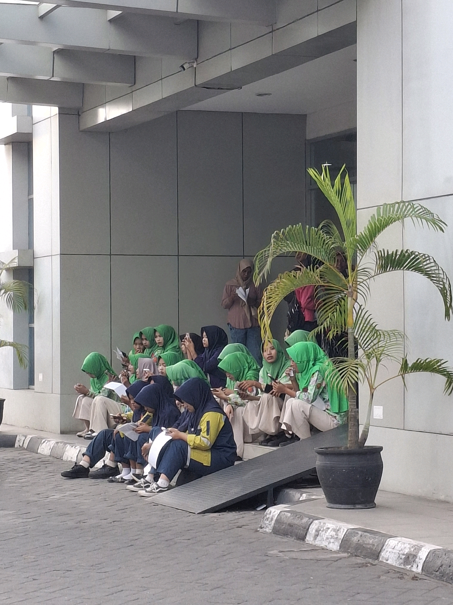 In Lumajang, Indonesia, a group of young individuals, predominantly female and wearing hijabs, are seated on concrete steps outside a modern building with a gray, panelized facade. They are engaged in various activities, including looking at papers, using mobile phones, and interacting with each other. Some are wearing green hijabs and uniforms, while others are in darker colored hijabs and casual attire. A potted palm tree stands to the right of the group. The ground is paved with textured concrete blocks, and a ramp is present on the right side of the steps. The lighting suggests it is daytime.