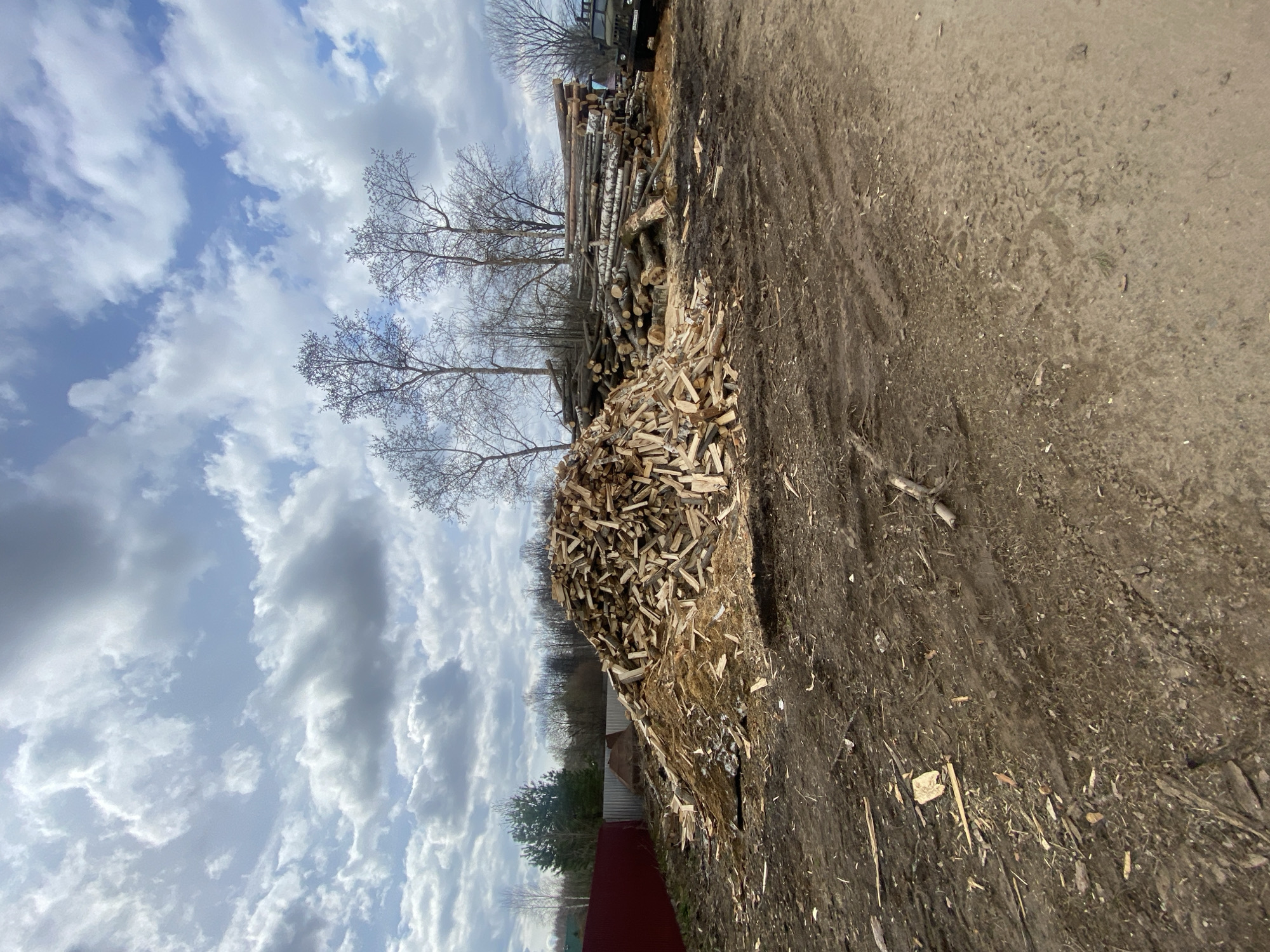 The image shows a pile of firewood and wood chips next to a dirt road in Zhigalki, Russia. Behind the wood pile is a stack of logs and trees. In the background, there are trees and a cloudy sky. Part of a red fence is visible at the bottom left of the image.