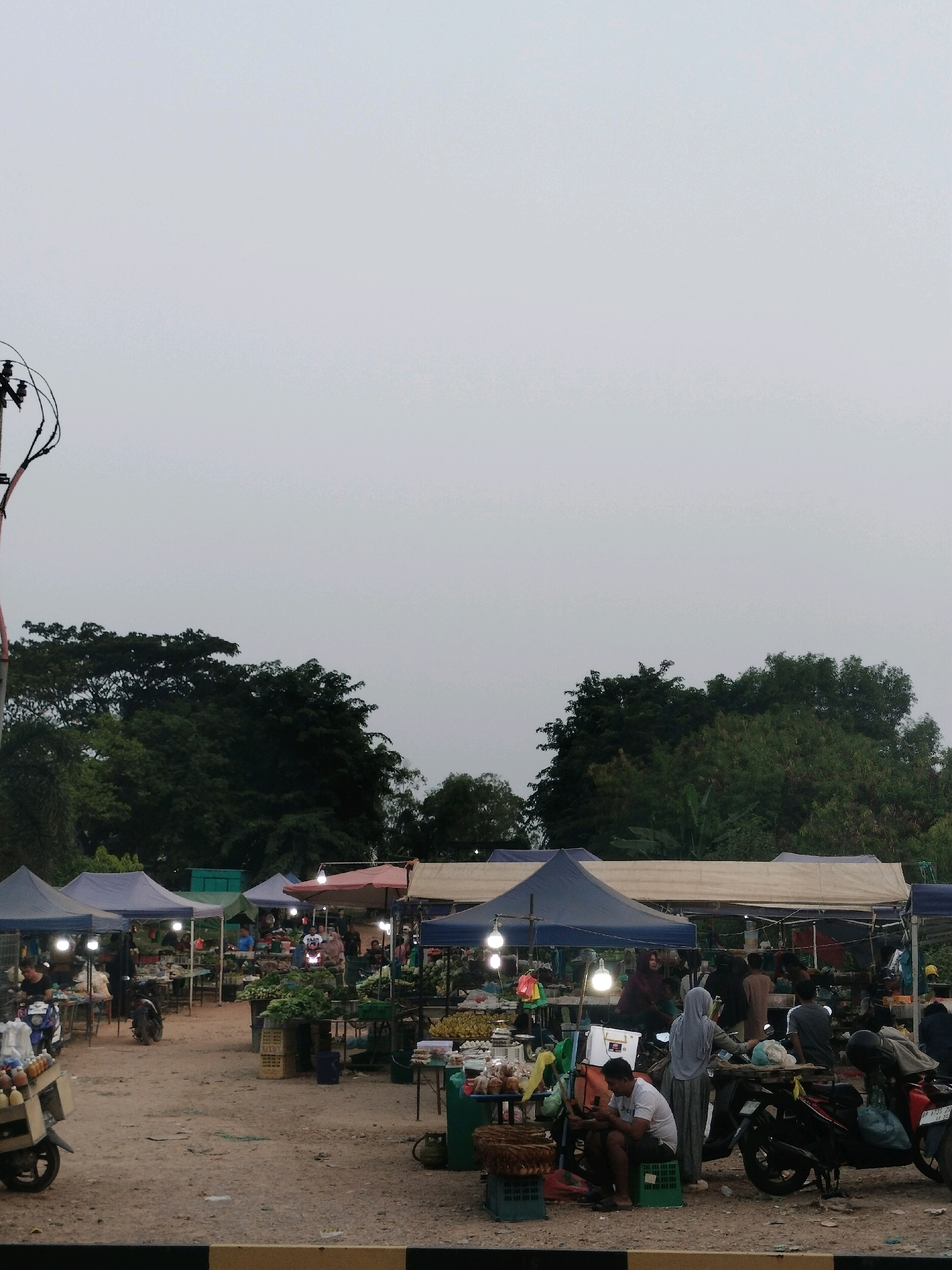 The image depicts an outdoor market, likely in Batam, Indonesia, possibly near a roadside given the presence of overhead wires and a utilitarian, dirt-and-gravel ground surface. The market is set up with multiple stalls covered by various colored awnings, including blue, tan, and reddish-orange. These stalls display an array of goods, predominantly fresh produce such as leafy green vegetables, bananas, and eggs.
Several people are present, engaging in various activities. Some individuals are seen browsing or shopping, while others appear to be vendors attending to their stalls. There are motorcycles parked and present at the market, indicating a common mode of transportation. One man in the foreground is seated on a green crate, looking at his phone. A woman wearing a hijab is standing near a motorcycle. The lighting in the market appears to be artificial, with several bare bulbs hanging from the awnings, suggesting the market may be open during dusk or evening hours.
The background features lush, dense green trees, indicating a natural environment bordering the market. The sky is overcast, with a pale, diffused light. The overall atmosphere suggests a bustling local marketplace.