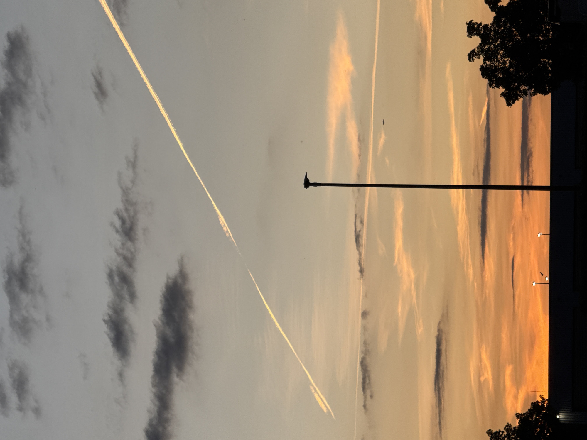 This photograph captures a twilight sky above Glattbrugg, Switzerland, featuring two distinct contrails left by airplanes. The sky transitions from a soft, pale grey at the top to warm oranges and yellows near the horizon. Darker, wispy clouds are scattered across the upper half of the image, while thinner, more elongated clouds are present in the lower half, illuminated by the setting sun.
Dominating the foreground is a tall, black lamppost with a silhouetted fixture at its top. To the right of the lamppost, a distant airplane is visible as a small, dark silhouette against the sky. In the lower portion of the image, the dark silhouette of a building or structure spans the width of the frame. To the far right, the dark silhouette of a dense tree is visible, with its branches extending upwards. On the left side of the frame, another tree silhouette is partially visible. Two illuminated streetlights are present on the building's roofline, one near the left edge and another towards the right.