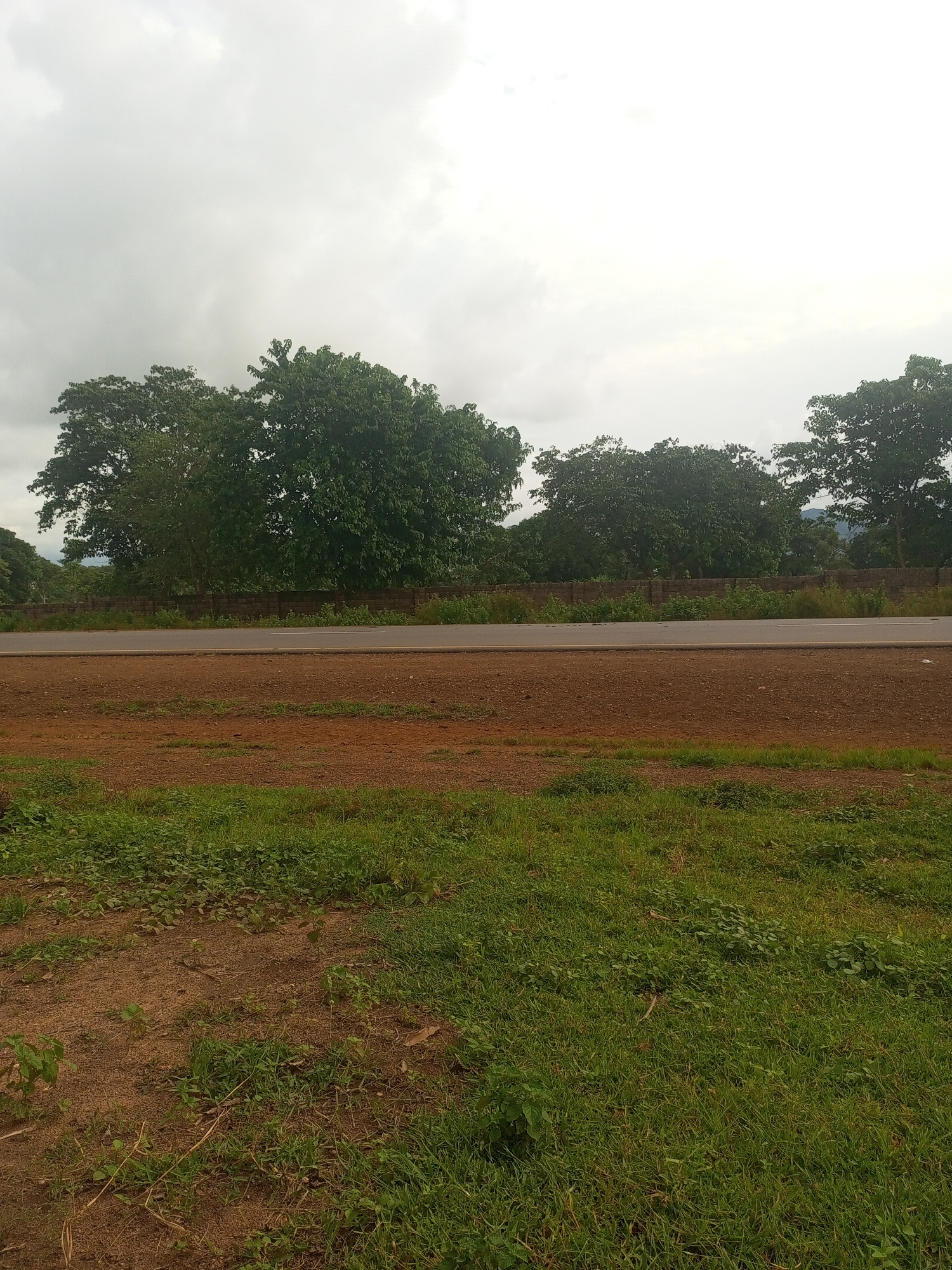 This is a medium-shot, eye-level photograph of a road in the city of Takum, Nigeria. The scene is dominated by a gray, overcast sky. In the foreground, there is a patch of reddish-brown soil with sparse green grass. A paved road runs horizontally across the mid-ground, with a lighter colored shoulder on its near side and a dark asphalt surface. Beyond the road, a low, dark brick wall runs across the width of the frame. Behind the wall, a dense line of lush green trees forms the background. The trees are tall and full, with dark green foliage. The environment appears to be rural or suburban, with no buildings or people visible in the frame. The overall impression is one of a quiet, natural landscape under a cloudy sky.