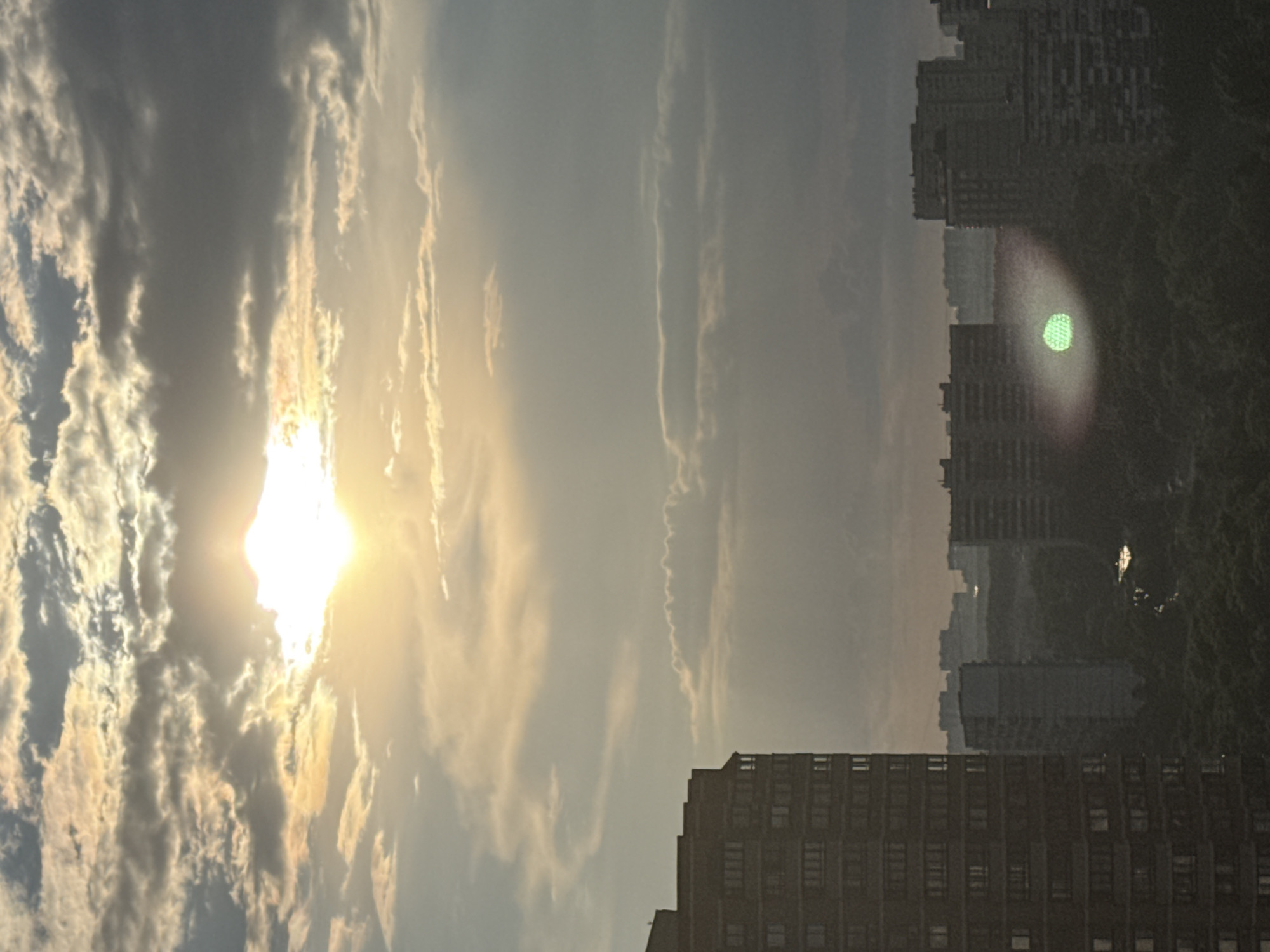 The image captures a view of Moscow, Russia, from a high vantage point. The foreground is dominated by a tall, dark residential building on the left, its facade densely packed with windows. Beyond this building, a cityscape unfolds under a cloudy sky. The sun is partially obscured by clouds, casting a soft, diffused light that creates a hazy atmosphere. Several other residential buildings of varying heights are visible in the middle ground, interspersed with dense green trees that suggest a park or wooded area within the city. In the far distance, more buildings are faintly visible through the atmospheric haze. A notable feature is a green, circular lens flare or light anomaly hovering above the trees in the middle ground, to the right of center. The overall impression is one of an urban environment at either dawn or dusk, with the diffused light and haze contributing to a serene or perhaps slightly melancholic mood.