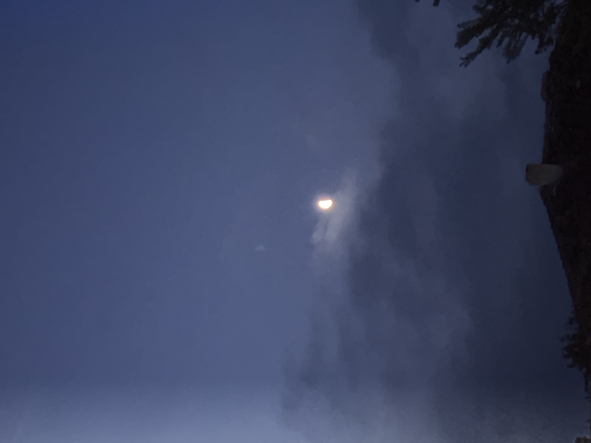 A low-angle, nighttime shot depicts a crescent moon situated in a cloudy, dark blue sky. The right edge of the frame features indistinct silhouettes of tree branches and a rectangular object, suggesting the presence of nearby foliage. The location is not specified.
