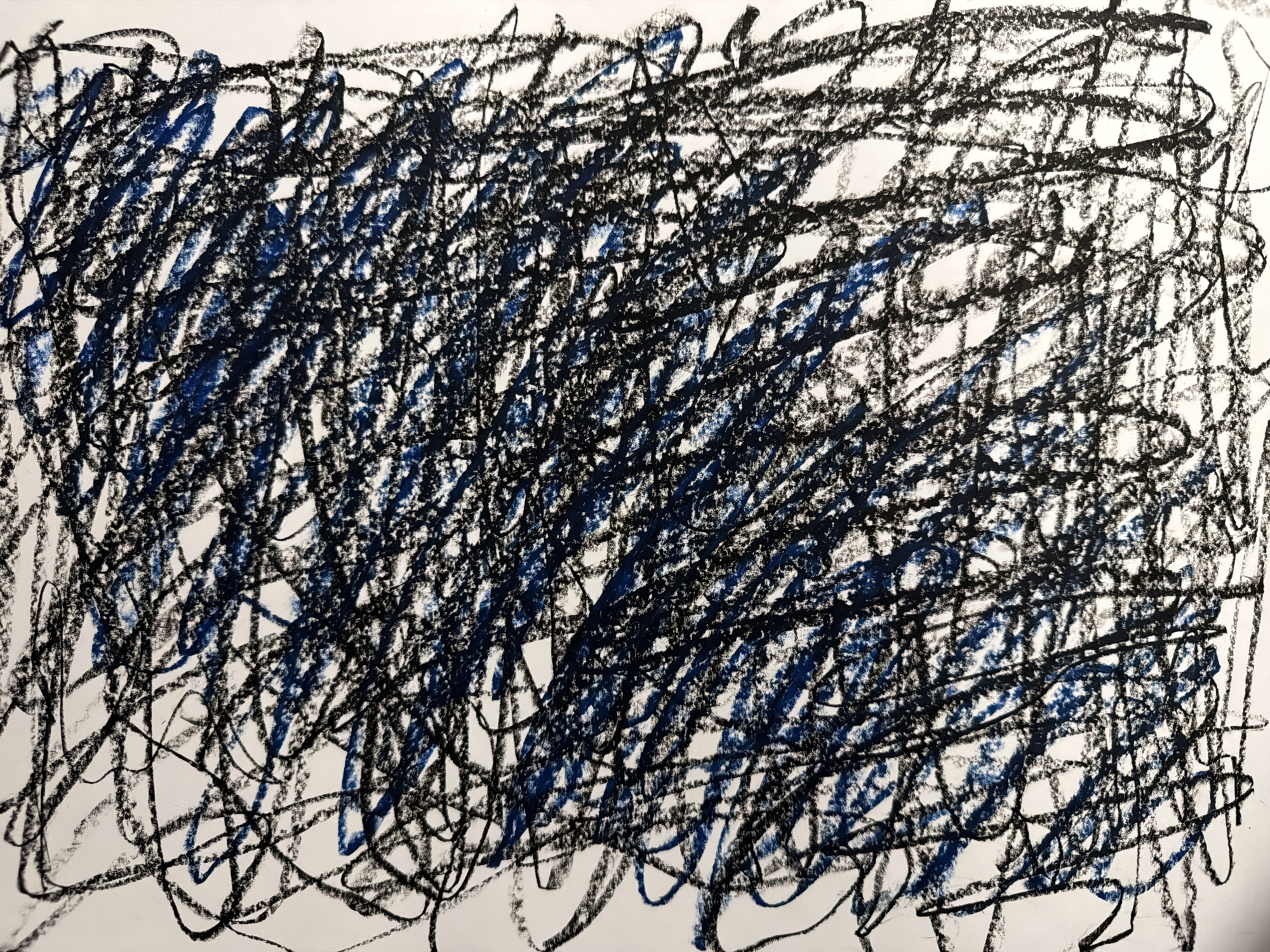 The image displays an abstract artwork composed of a dense, interwoven scribble of lines on a white background. The dominant colors are black and a dark, muted blue. The lines are heavily layered and overlapping, creating a chaotic yet dynamic pattern that covers most of the frame.
Black lines form the predominant and often underlying layer, while blue lines are integrated throughout, sometimes appearing to be drawn over or alongside the black, contributing to the overall depth of the composition. The texture of the lines suggests a dry art medium like crayon, pastel, or charcoal, evident in the slightly grainy appearance and occasional smudging. The density of the scribbled marks is highest in the central areas, with some lighter patches of white showing through, particularly towards the periphery of the image.
No specific objects, people, or text are visible. The scene is a two-dimensional artwork. The composition conveys a sense of vigorous and unconstrained mark-making.