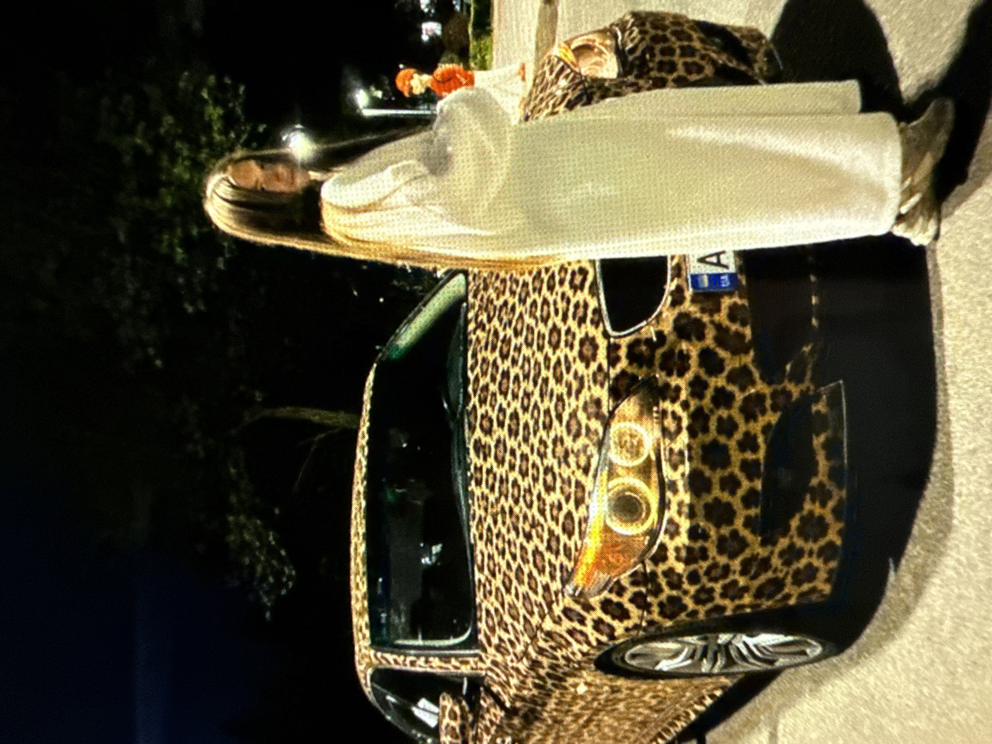 At night, a leopard-print car is parked on a paved surface. The front passenger side of the vehicle is visible, featuring a headlight and a glimpse of the wheel. A white object, possibly a wrapped item or fabric, rests on top of the car. A person is sitting in the car. The license plate has the letter "A". The background includes a tree and a darker area, suggesting the scene is outdoors. The location is in the city of Unknown, Unknown.