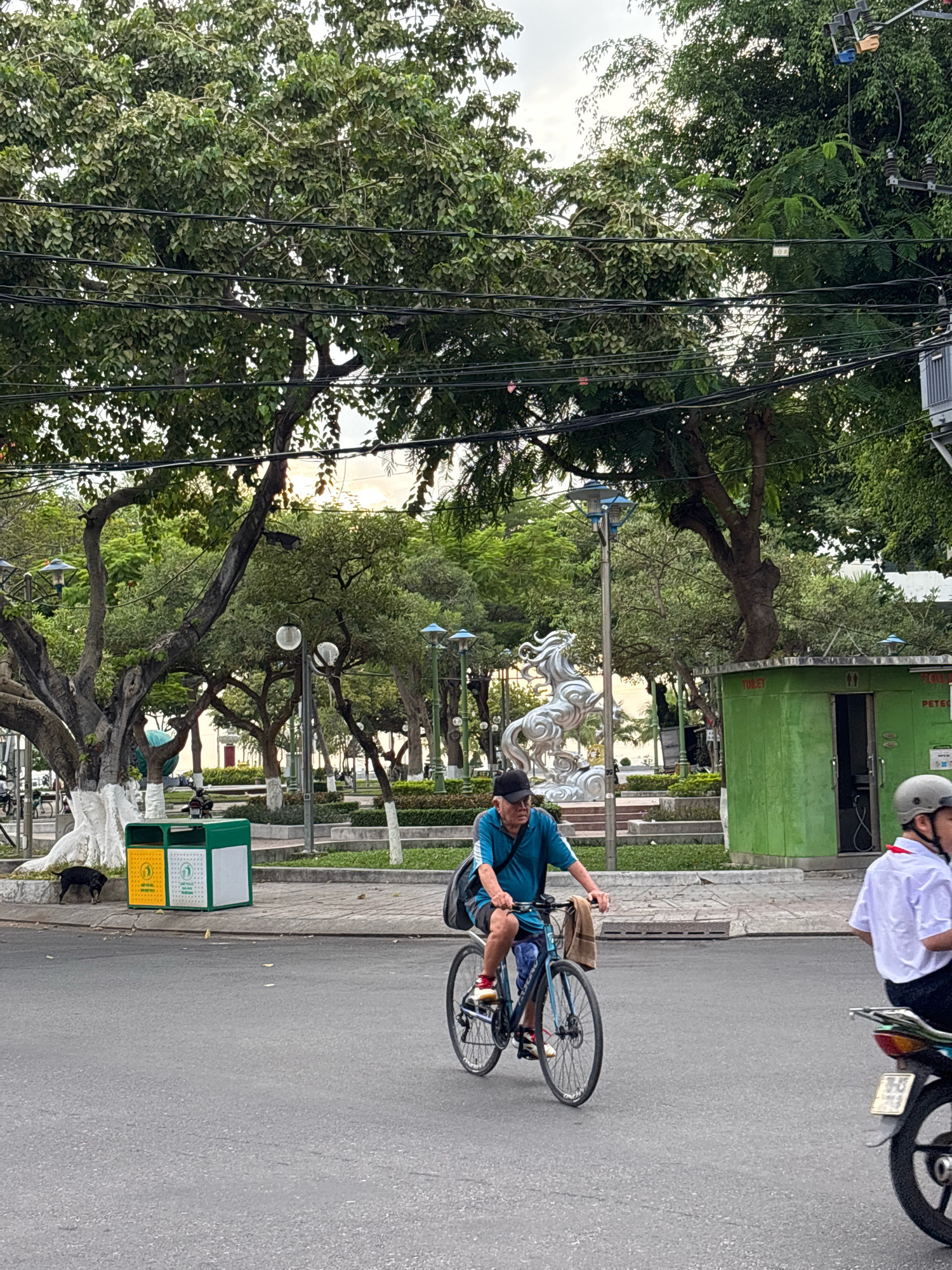 A street scene in Nha Trang, Vietnam, features a man in a blue shirt and dark shorts cycling a bicycle on the asphalt road. He wears a black cap and has a towel draped over his shoulder. A motorbike with a rider in a white shirt and helmet is to the right of the cyclist. In the background, a green public restroom building is visible, along with a silver sculpture of a horse. Trees and streetlights line the sidewalk, and two trash bins stand near a low white wall. A black dog is present on the sidewalk near the bins. The sky appears overcast.