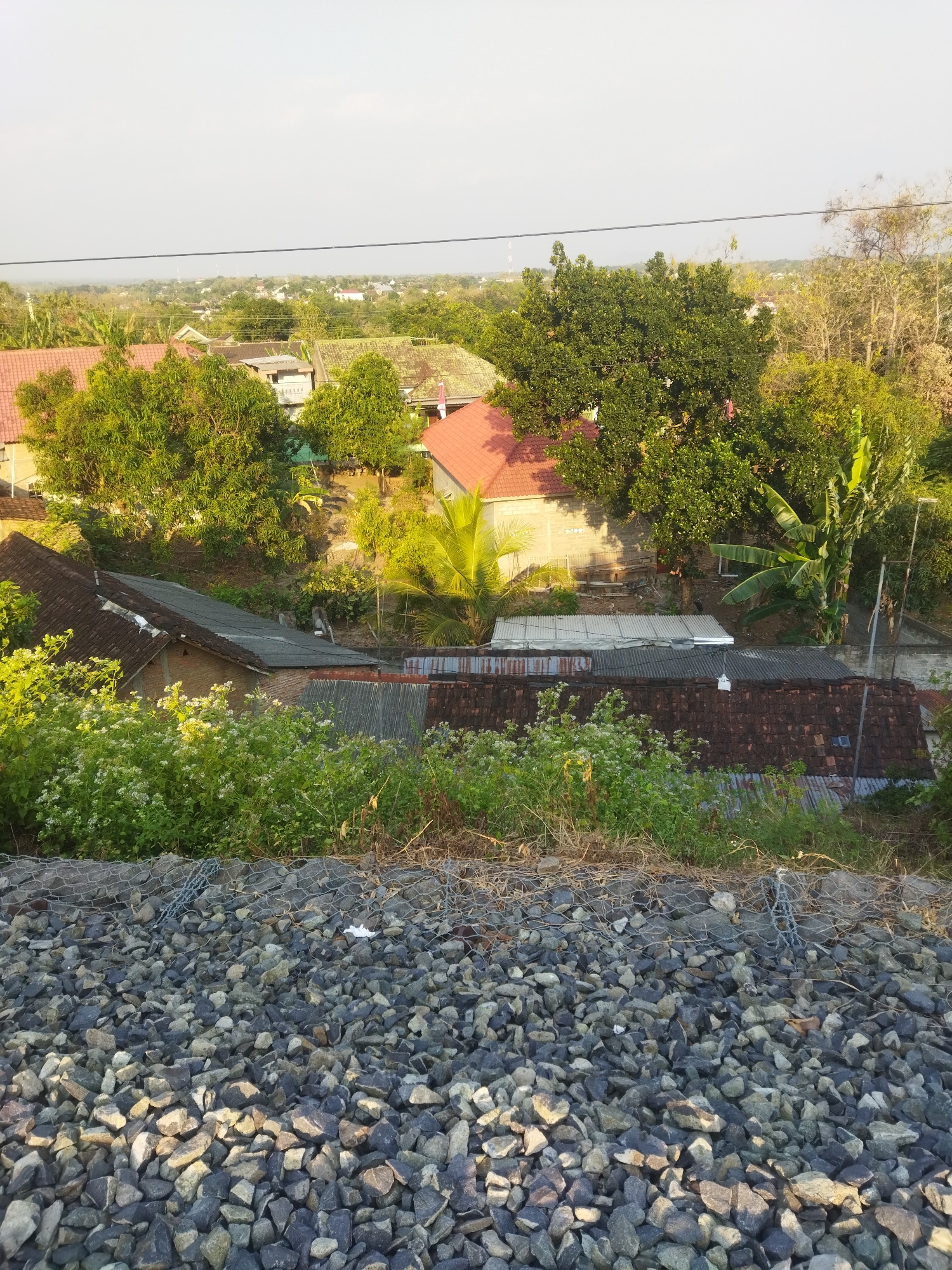 The image depicts an overhead view of a residential area in the city of Wonogiri, Indonesia, characterized by a cluster of houses with red and gray tiled roofs nestled amongst lush green trees and vegetation. The foreground is dominated by a gabion wall filled with grey and brown stones, bordered by a wire mesh. Beyond the wall, dense green foliage with small white flowers lines the embankment. The midground reveals a collection of houses, some with weathered, uneven roofs and others with more intact, tiled surfaces. Banana trees and other tropical vegetation are interspersed among the buildings. The background showcases a wider view of the town, extending to a hazy horizon under a pale sky. A thin black wire stretches horizontally across the upper portion of the image. The scene appears to be an outdoor, residential environment.