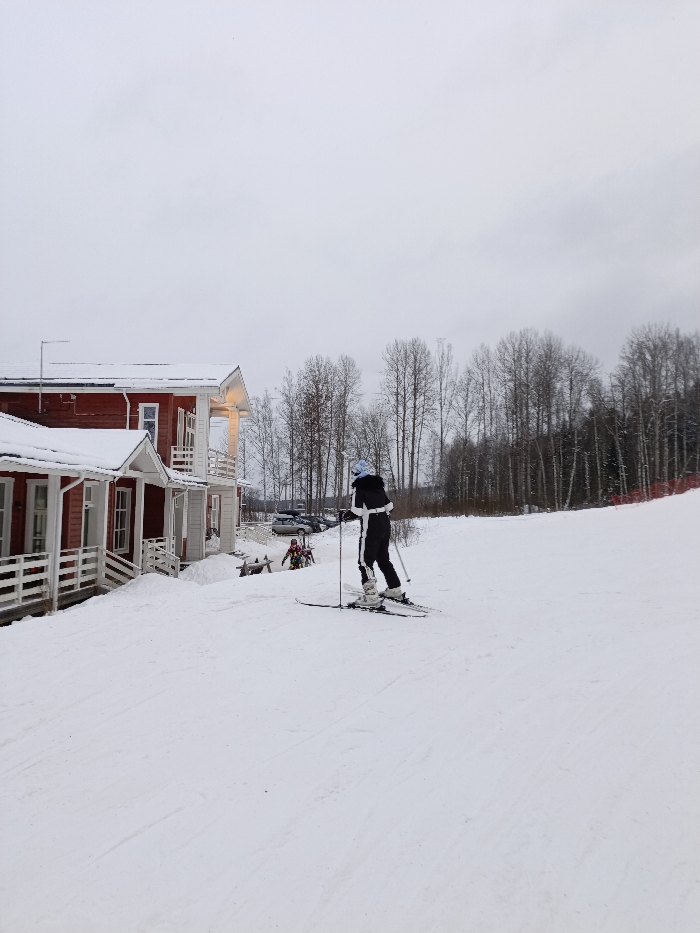 The image captures a winter scene at what appears to be a ski resort or a snowy recreational area. The ground is entirely covered in white snow, and the sky is overcast, suggesting a cold, possibly grey day.
In the immediate foreground and mid-ground, a person is standing on skis, facing away from the camera and slightly to the right. They are wearing a dark (likely black) full-body ski suit with white stripes or detailing on the arms and legs, and a light-colored (possibly light blue or white) helmet or hat. They hold ski poles, and their skis are flat on the snow. The snow beneath them shows some faint tracks.
To the left of the skier, in the mid-ground, there are two distinct red wooden buildings with white trim and snow-covered roofs. The building closer to the foreground is a single-story structure with a covered porch and white railings. Behind and slightly to the right of this building is a taller, two-story red building, also with white trim, a covered porch, and white railings on both levels. The architecture suggests a rustic or traditional style. Lights are visible on the porch of the taller building, glowing warmly against the grey daylight.
Near the base of the buildings and slightly behind the skier, a small group of people, possibly children, are visible near some wooden benches or structures, engaging in an activity that isn't entirely clear but seems related to playing in the snow. Behind them, further up the slope, several cars are parked, indicating a parking area.
The background consists of a dense line of bare deciduous trees on a snow-covered hillside, extending across the horizon. The trees are mostly brown and grey, typical of winter without leaves. To the far right, a red safety net or barrier is visible, commonly found on ski slopes. The overall impression is one of a serene, active winter landscape. There is no discernible text in the image.