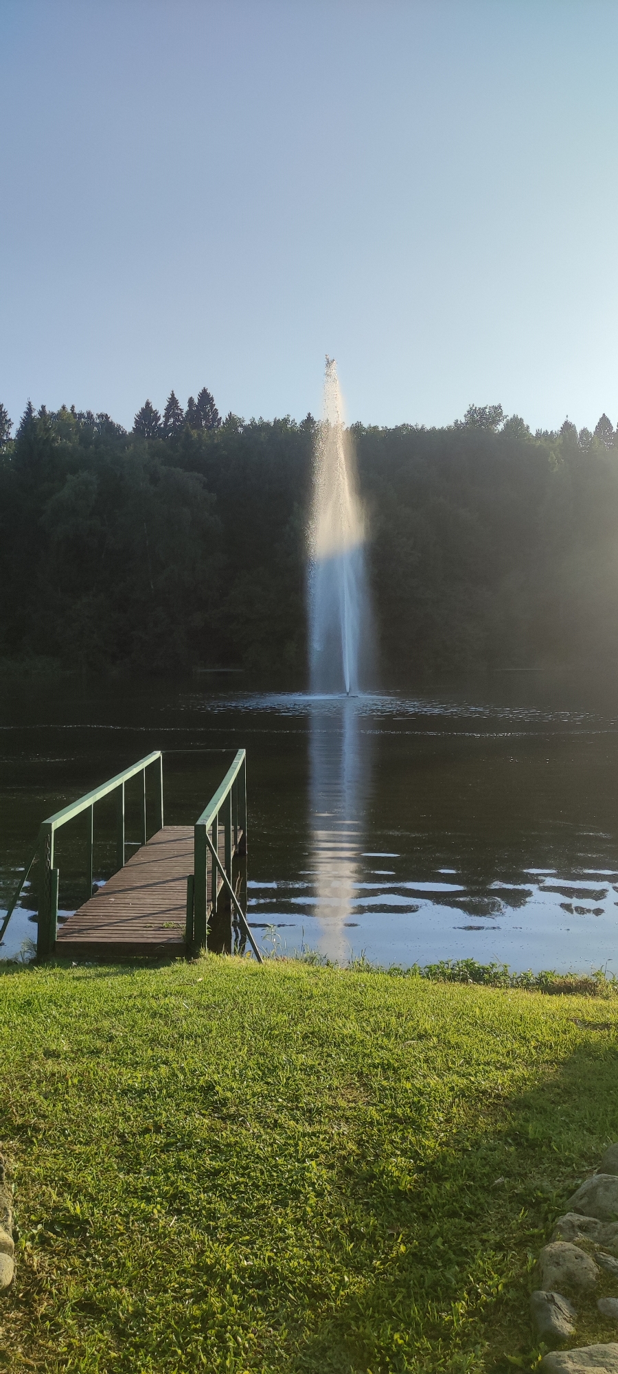In the city of Rosinka, Russia, a tranquil lake is featured with a prominent fountain spewing a tall, slender jet of water. The water column catches the sunlight, creating a shimmering effect and a bright reflection on the dark, rippling surface of the lake.
In the foreground, a wooden pier with green railings juts out over the water. The pier is positioned on the left side of the frame, leading towards the lake. The shore in front of the pier is covered in lush, green grass, with a line of grey rocks visible along the bottom right edge of the image.
Behind the lake, a dense forest of green trees forms a dark backdrop. The trees are tall and appear to be evergreen, with varying shades of green creating a textured canopy. The sky above is a clear, pale blue, with a hint of bright sunlight on the right side of the frame, suggesting a late afternoon or early morning setting.
There are no people visible in the image. The scene is serene and natural, with the man-made elements of the pier and fountain integrated into the landscape.