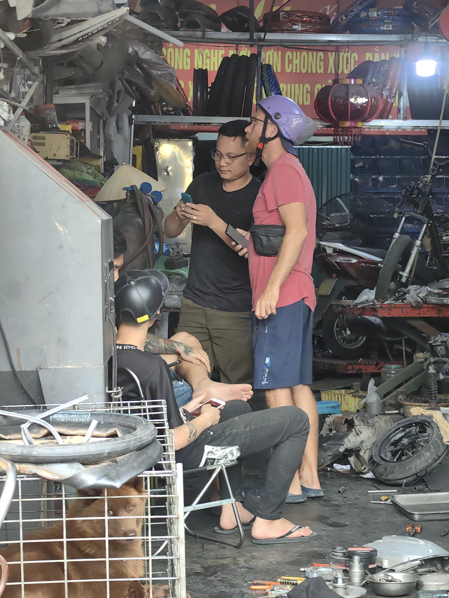 This image captures a busy, cluttered motorcycle repair or parts shop in Viet Hung Ward, Vietnam. Four men are visible, along with a brown dog. In the center, a man with glasses, wearing a black t-shirt and khaki pants, holds a smartphone, appearing to show it to another man beside him. This second man wears a red t-shirt, blue shorts, a black fanny pack, and a light purple open-face helmet. He stands casually, looking in the direction of the first man or beyond.
To the left, a third man sits on a stool, largely obscured by a large gray machine. He wears a black t-shirt, black pants, and a black cap, with visible tattoos on his arms, and is also looking at a smartphone. A fourth man is mostly hidden behind the gray machine. Many of the individuals are barefoot or wearing flip-flops.
The setting is characteristic of a working garage, with numerous motorcycle parts scattered around, including tires, wheels, engine components, and body panels, which are stacked on shelves and laid out on the concrete floor. Tools and other repair equipment are also visible. In the background, a red decorative lantern hangs, and a traditional Vietnamese conical hat (nón lá) rests on some machinery. In the lower left foreground, a brown dog with light eyes looks out from inside a metal cage.
Visible text includes "ÔNG NGHƠN CHONG XƯỚC" on a red banner, likely advertising. Other fragmented texts like "60/100-17M/C", "70/90-17MI", "NICO", "TIC", and "VT" appear on tires or labels, suggesting product specifications or brand names. The scene suggests a casual daytime moment, possibly during a break or while waiting for service.