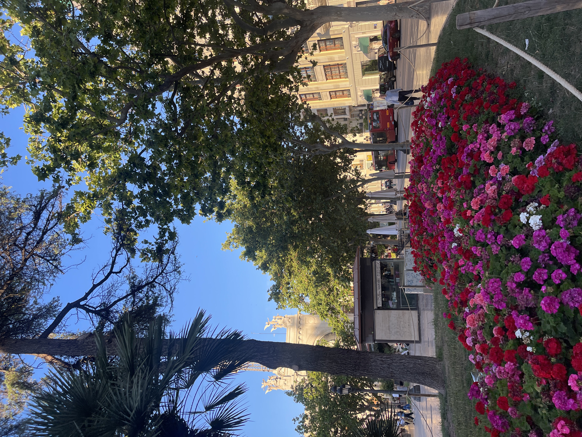 The image depicts a street scene in Valencia, Spain, featuring a flower bed with red, pink, and white flowers, trees, and buildings in the background. A kiosk stands along the sidewalk. People are walking on the sidewalk, and cars and buses are visible on the street. In the distance, a triumphal arch with statues on top can be seen. The sky is clear and blue.