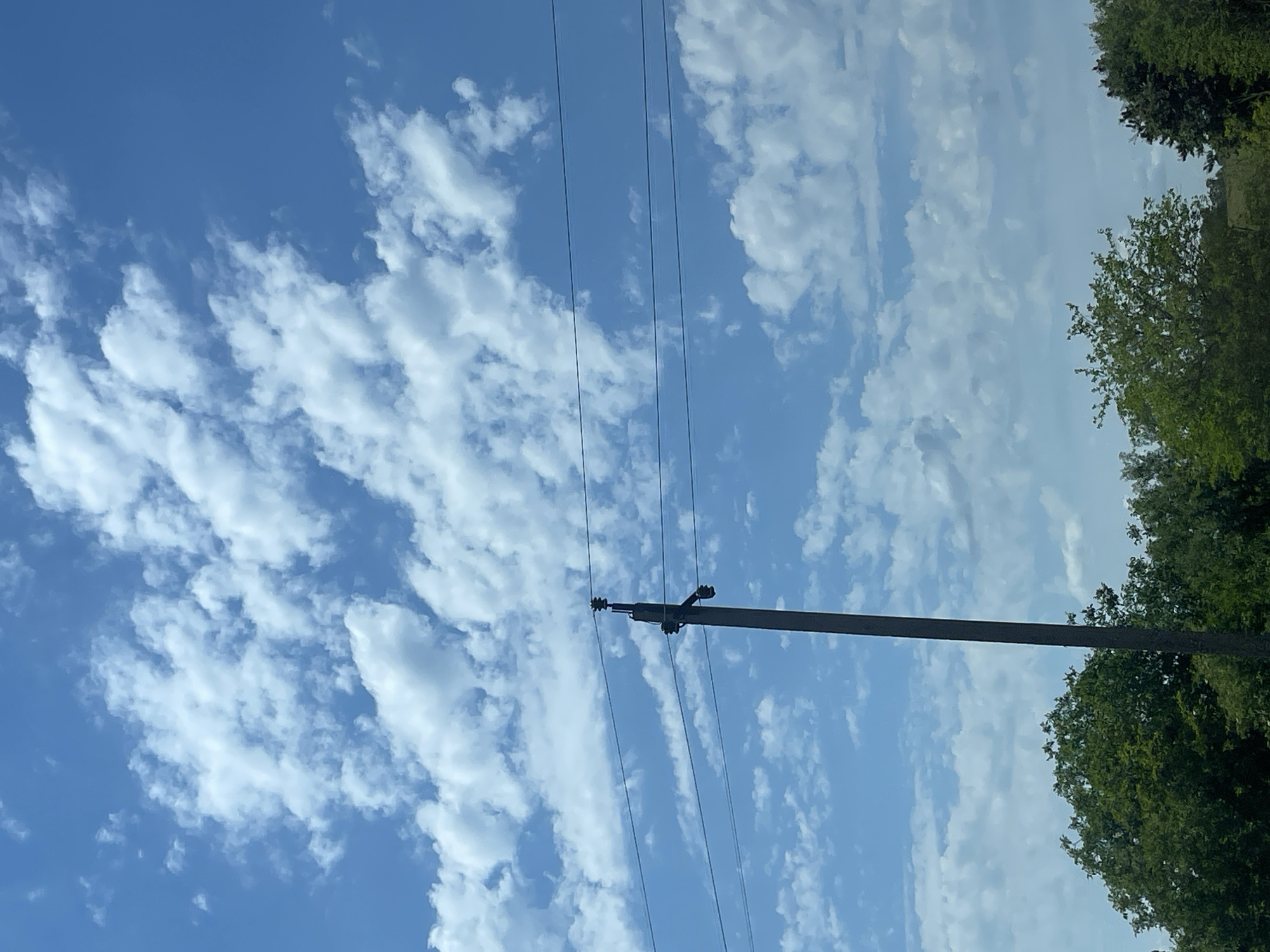 The media file shows a view of the sky with scattered clouds, a utility pole, and power lines. The sky is a bright blue, suggesting daytime. The clouds are white and wispy, indicating fair weather. Green foliage from trees is visible on the right side of the frame, hinting at a natural or semi-rural environment. The utility pole is dark and positioned diagonally across the frame, with several power lines extending from it. There are no people or animals visible in the image. The overall impression is one of a serene, outdoor scene under a clear sky. The location context provided is Donskoe, Russia. There is no visible text in the image.