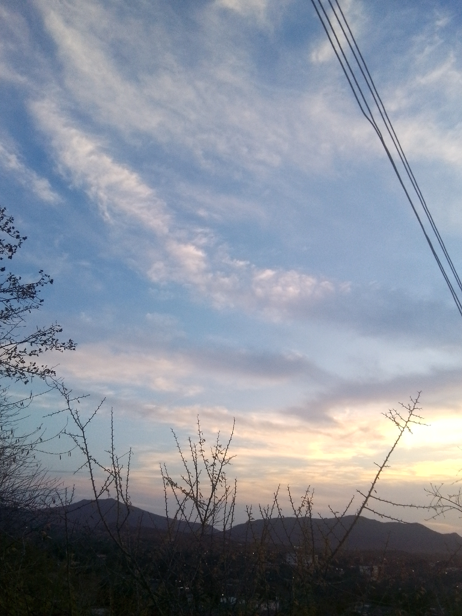 The image displays an outdoor landscape scene captured during either sunrise or sunset, characterized by a vivid sky, silhouetted vegetation, and distant hills. The upper portion of the frame is dominated by a sky that transitions from a clear blue at the top to lighter blues and soft greys, streaked with wispy white and light grey clouds. Towards the lower right horizon, the sky exhibits warm yellow and orange glows, typical of the golden hour.
In the foreground, numerous bare, thorny tree branches are sharply silhouetted against the twilight sky, forming intricate patterns across the lower half of the image. A denser clump of branches with some dark leaves is visible on the far left. Three dark lines, possibly power or telephone lines, diagonally cross the sky from the top right corner.
In the midground and background, the undulating outlines of dark hills or mountains are visible in silhouette against the colorful horizon. Below the mountains, there are faint, indistinct indications of structures or lights, suggesting a settlement or town nestled at their base. The scene evokes a tranquil and serene mood. There are no people or discernible text visible in the image. The topography and twilight conditions are consistent with a hilly coastal area, such as Juan Griego, Venezuela.