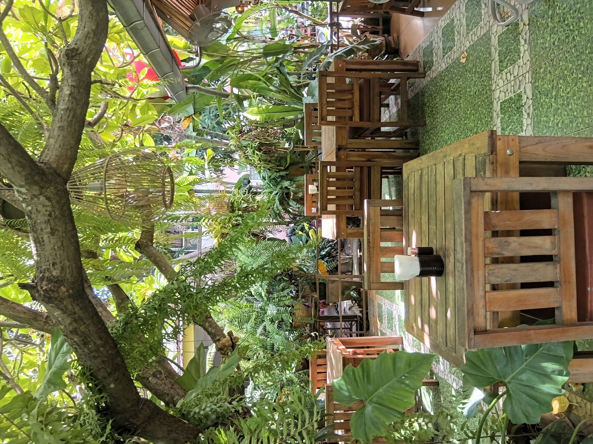 The image depicts an outdoor seating area of a restaurant or cafe in Baan Lamai, Thailand. The space is characterized by abundant greenery, with lush plants and trees overhead, creating a shaded, natural environment. Several wooden tables and chairs are arranged on a tiled floor with a grass-like pattern. In the foreground, a wooden table holds a black container with white napkins and two small red condiment packets. The overall atmosphere suggests a tranquil and tropical setting, likely designed for outdoor dining or relaxation. There are no people visible in the image.