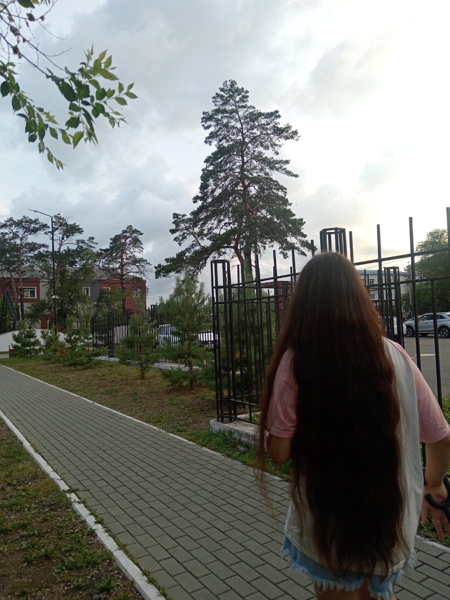 A young female with very long, dark brown hair is walking away from the camera on a paved pedestrian walkway in Belogorsk, Russia. She is wearing a pink t-shirt and denim shorts. She is walking past a black metal fence and small pine trees. Behind the fence, there is a red and grey building, several larger pine trees, and a cloudy sky. The overall scene suggests an outdoor urban environment, possibly a park or residential area.