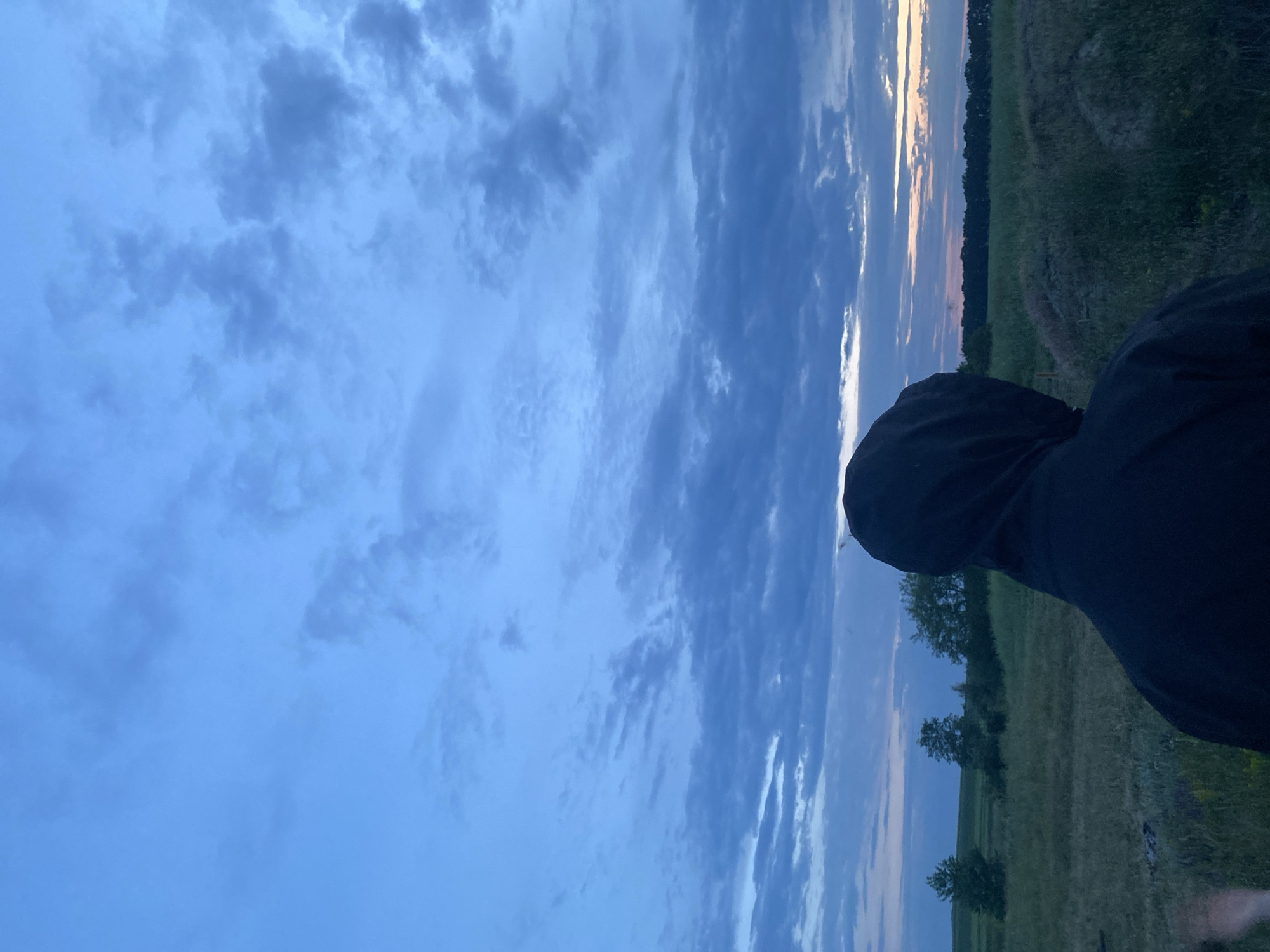 The image depicts a rural landscape at dusk in Ustyvytsia, Ukraine. In the foreground, viewed from behind, is an individual wearing a dark hooded garment with the hood up, obscuring their head. The person is positioned to observe the expansive scene ahead. The midground features a field of varying green and brown vegetation, appearing overgrown in areas, with several scattered deciduous trees. To the right, the terrain shows slight undulations and mounds. The background reveals a darker line of dense trees or a forest bordering the distant horizon. The sky occupies a significant portion of the frame, displaying various shades of blue and grey, interspersed with scattered clouds. A faint band of light orange and pink is visible low on the horizon, indicating either sunrise or sunset. The overall lighting is dim, consistent with twilight conditions.