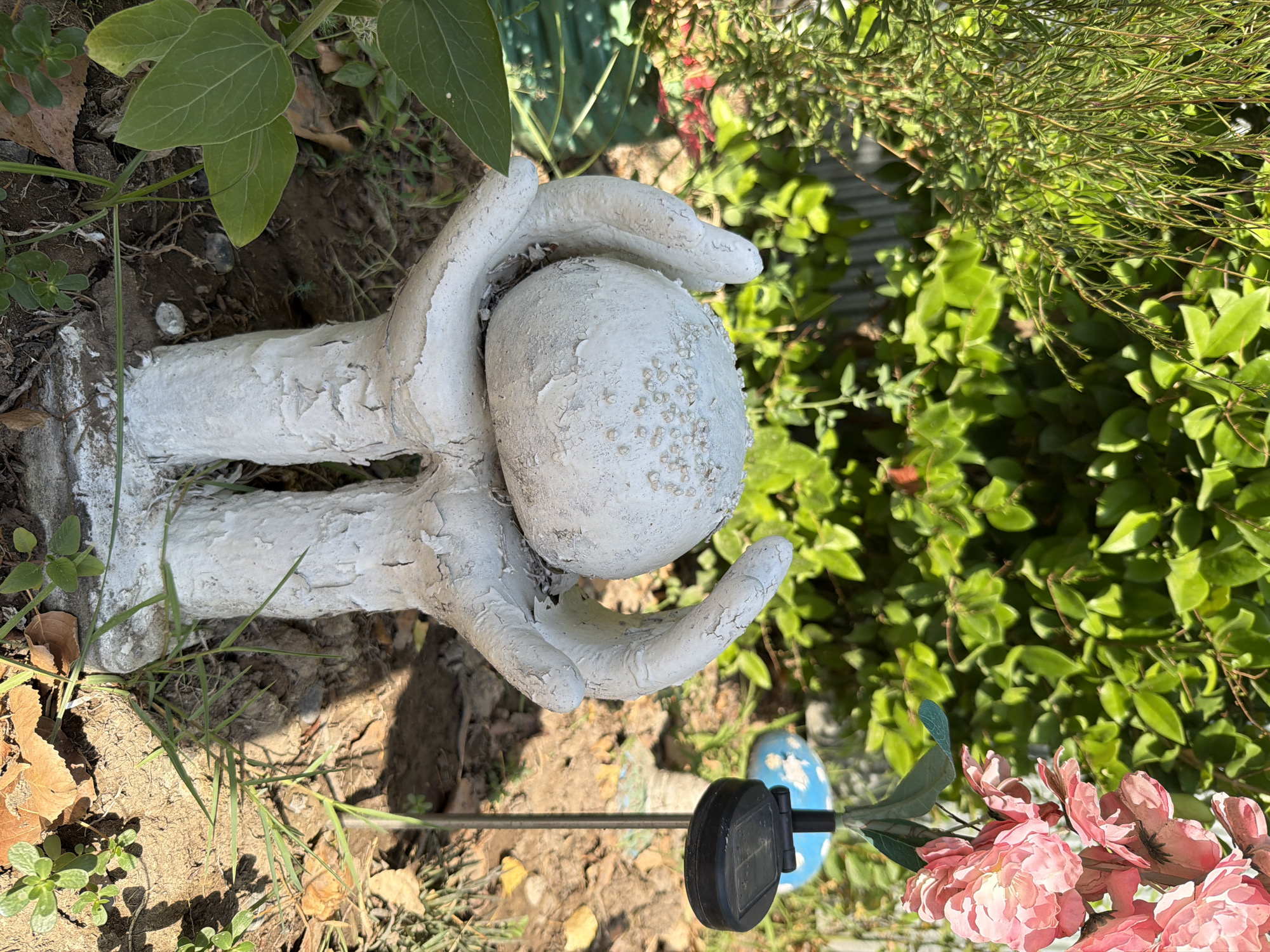The image depicts a white, textured garden sculpture of cupped hands holding a round object, likely a decorative ball, positioned in the foreground. The sculpture appears aged, with peeling paint. Behind it, lush green foliage creates a natural backdrop. To the right, a solar-powered garden light with a black top is visible, mounted on a thin metal stake. Nearby, a blue mushroom-shaped ornament adds a touch of whimsy. The ground is a mixture of soil, fallen leaves, and sparse green vegetation, suggesting an outdoor, possibly garden or yard setting. The sunlight casts shadows, indicating a daytime scene. The image does not contain any discernable elements that would specifically place it within Balakənd, Azerbaijan; it depicts a generic outdoor scene.
