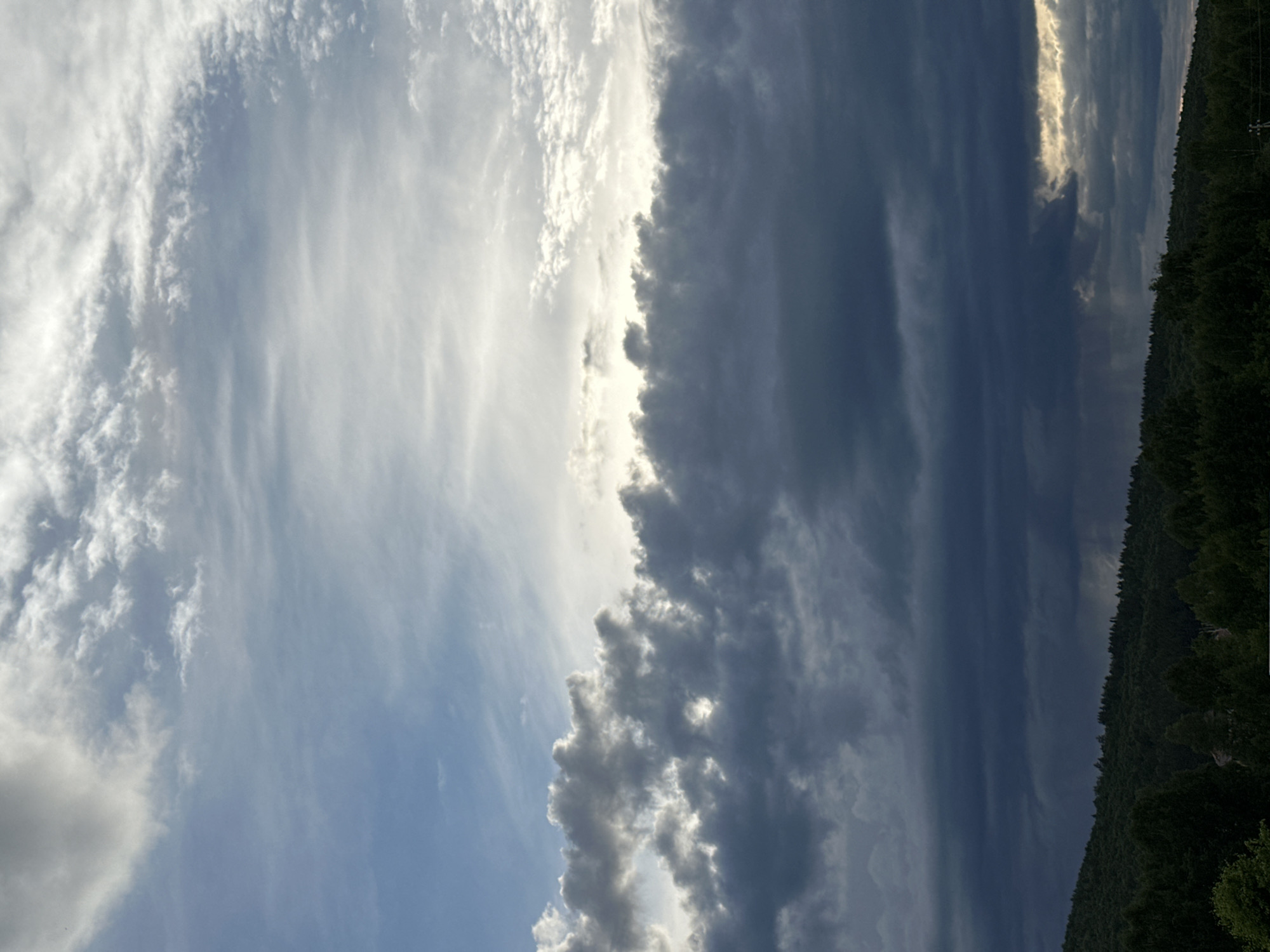 The image shows a cloudy sky with the edge of a forest visible on the right side. The sky is partially covered with light, wispy clouds on the left, contrasting with a dense, dark cloud formation in the center and right of the frame. Sunlight appears to be breaking through the clouds in the center. The forest appears to be dense with green foliage. The location and city are unknown.