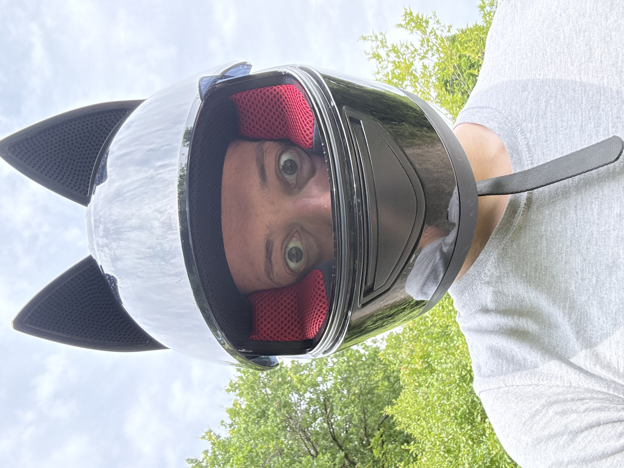 A person wearing a black motorcycle helmet with attached black cat ears, a gray t-shirt, and a black chin strap is pictured from the chest up in a selfie-style outdoor shot. The person's eyes are wide and looking directly at the camera, with the lower half of their face obscured by the helmet. The background consists of a bright sky with scattered clouds and lush green trees. The image appears to have been taken on a sunny day. The location is not specified in the image.