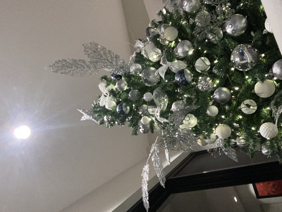 A Christmas tree laden with silver and white ornaments and white string lights dominates the upper right frame. The tree features decorative silver foliage. A stark white ceiling occupies the left side of the image, illuminated by a bright light. Below the tree, a partial view of a dark-framed window or doorway is visible, contributing to the indoor setting.