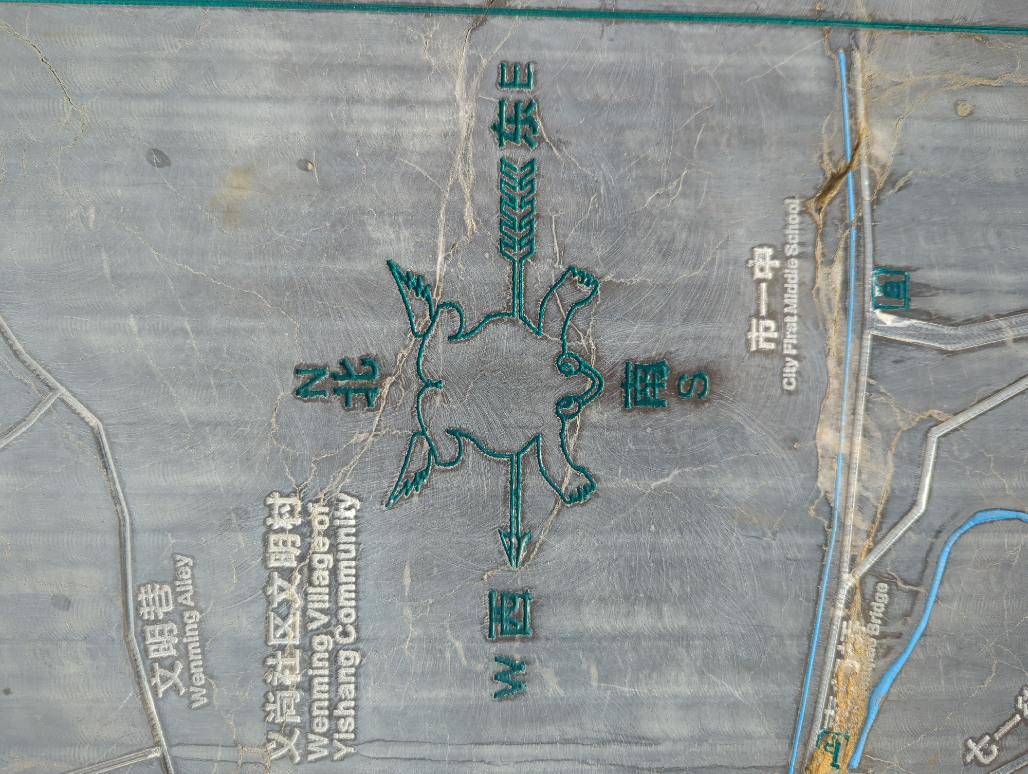 This is a close-up, top-down view of a detailed map etched into a gray, textured surface, possibly a plaque or a relief carving. The map depicts a section of Gucheng District, China. Prominently featured is a compass rose with Chinese characters and English translations indicating directions: "N" (北), "W" (西), "E" (东), and "S" (南). The compass rose is stylized with an avian or mythical creature design in turquoise.
Several locations are labeled in both Chinese and English. At the top left, "Wenming Alley" (文明巷) is clearly visible. Below it, "Wenming Village of Yishang Community" (义尚社区文明村) is also inscribed. In the bottom right, "City First Middle School" (市一中) is labeled. A bridge is also indicated on the lower left, identified as "Bridge" (桥), though the preceding characters are partially obscured. The map shows roads and water features, including what appears to be a river or canal system depicted in blue. The surface of the map has a weathered, slightly uneven texture with visible scratch marks and some staining. The lighting is even, highlighting the engraved details.