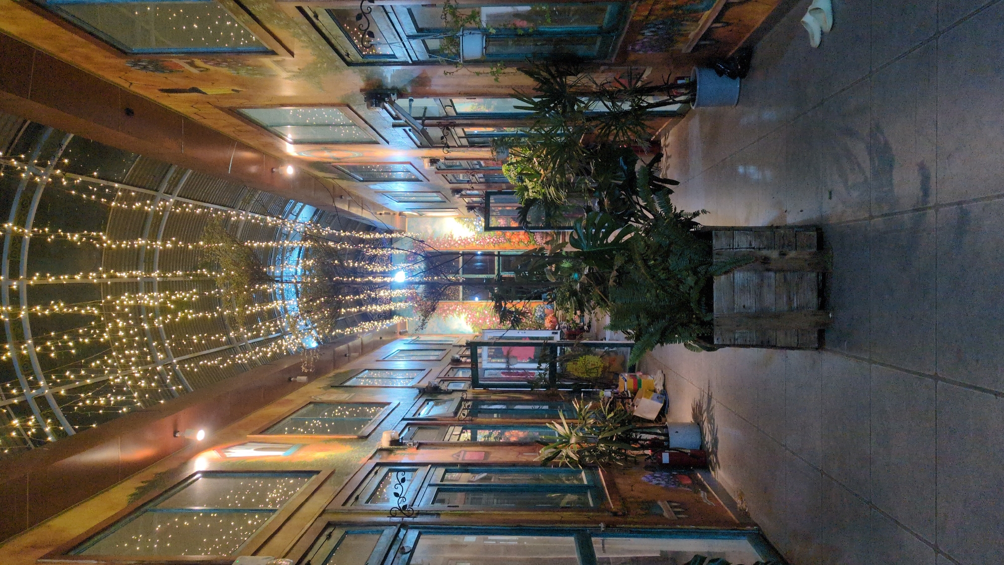 The image depicts a covered, plant-filled courtyard or passageway in Da Lat, Vietnam, likely a commercial space. The space is brightly lit by numerous string lights hanging overhead. The ceiling is vaulted and translucent, possibly made of corrugated plastic or glass. Both sides of the passageway are lined with what appear to be shop fronts or stalls. The architecture is characterized by aged, colorful walls, multiple windows, and murals. Large potted plants sit along the passage on the right, including ferns and palm-like species. The floor is tiled with grey rectangular pavers. There are no people immediately visible, but there are objects suggesting human presence, such as a white flip-flop in the background and shopping bags near a stall.