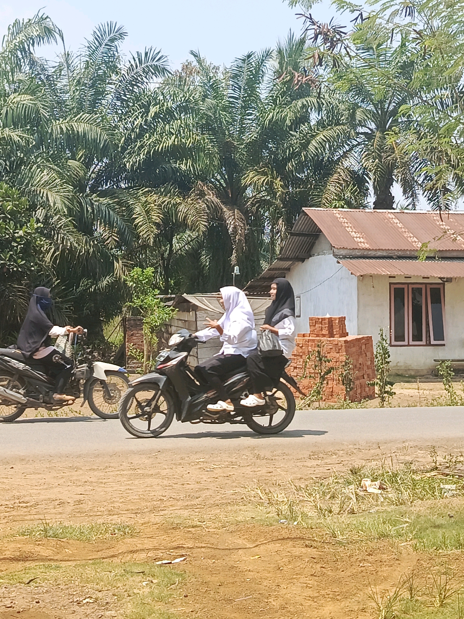 Two young women, dressed in hijabs and modest clothing, are riding on separate motorcycles on a paved road in what appears to be a rural or suburban area. The woman on the left, wearing a black hijab and veil, is riding a black motorcycle. The woman on the right, wearing a white hijab and white shirt, is on a black motorcycle and appears to be speaking to the first woman, gesturing with her hands. Both women are wearing casual shoes.
In the background, there is a simple house with a brown corrugated metal roof and white walls, and pink-trimmed windows. A pile of red bricks is stacked next to the house. Tall palm trees dominate the landscape behind the house and road. The ground in front of the road is dry and sandy with patches of dry grass. The overall impression is a sunny day in a tropical or subtropical environment. The scene is likely in Megang Sakti V, Indonesia, given the vegetation and architectural style.