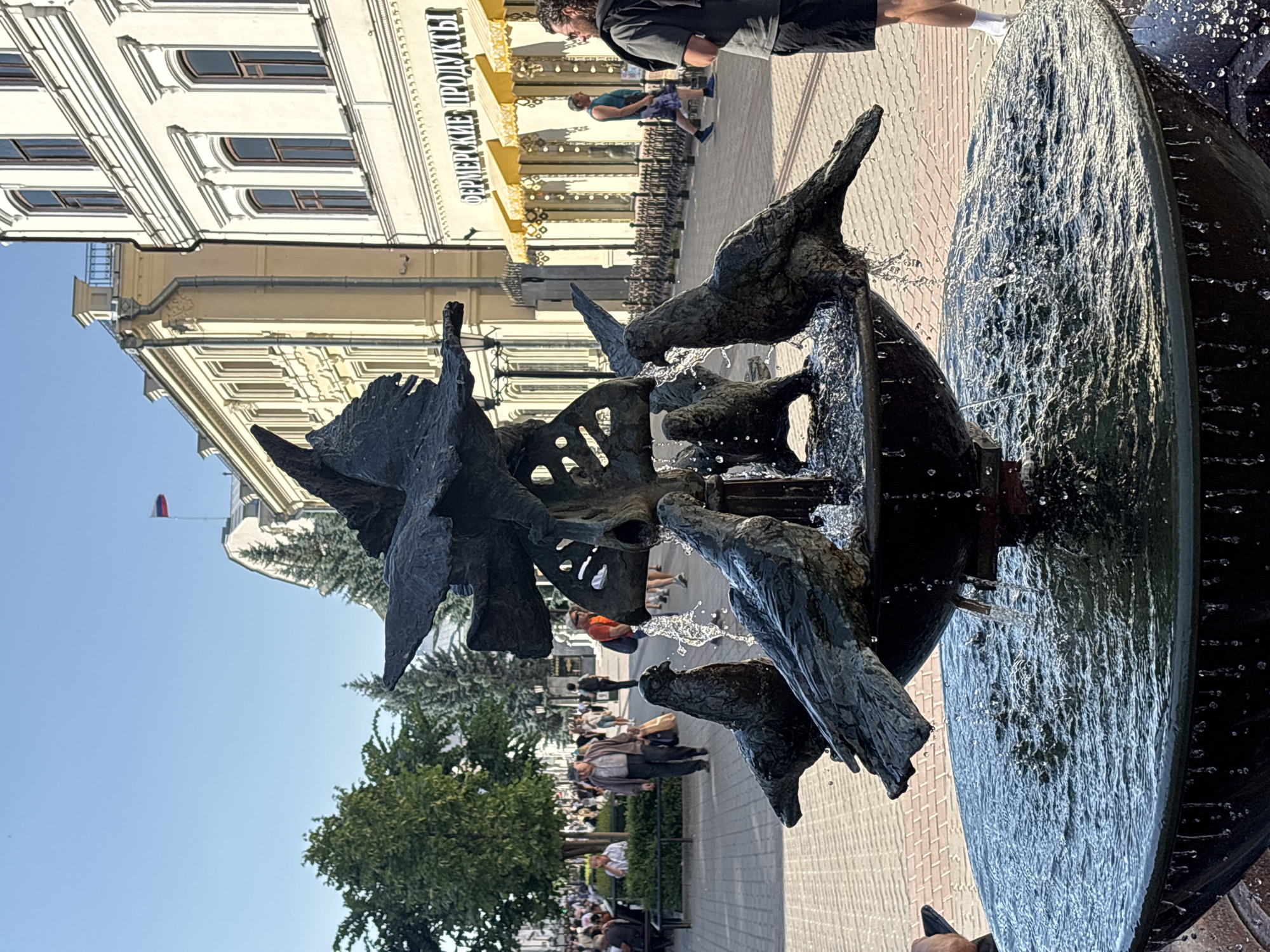 The image shows a bronze fountain featuring several birds, possibly pigeons, in various poses of drinking or perched around a central structure. Water is flowing from the fountain, creating splashes and a rippling effect in the basin. In the background, there is a pedestrian street lined with buildings. The architecture suggests a European city, and the signage on one building, "ФЕРМЕРСКИЕ ПРОДУКТЫ" (Fermerskiye Produkty), which translates to "Farmer's Products," is in Russian. This, along with the Russian flag visible on a rooftop in the distance, indicates the location is likely Kazan, Russia. People are walking along the street, some are seated at outdoor tables, and trees provide shade along the walkway. The lighting suggests it is daytime, with a clear blue sky.