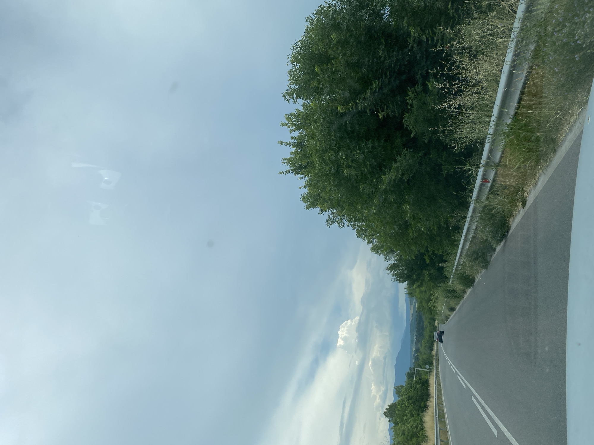 The image shows a view from a vehicle driving on a road. The road is asphalt, with double white lines indicating two lanes. To the right of the road is a metal guardrail, bordered by dry grass and green foliage. A large, dense green tree is prominent on the right side of the frame. In the distance, mountains are visible under a cloudy sky with some patches of blue and a large, white cloud formation. A dark-colored car is traveling in the same direction on the road ahead. The scene appears to be in a rural or semi-rural area.